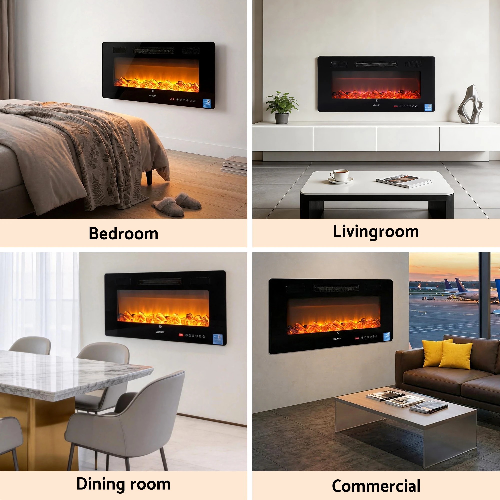 9 Devanti Electric Fireplace Fire Heater Wall Mounted Insert 3D Flame 1800W Remote - Black, 9 of 9