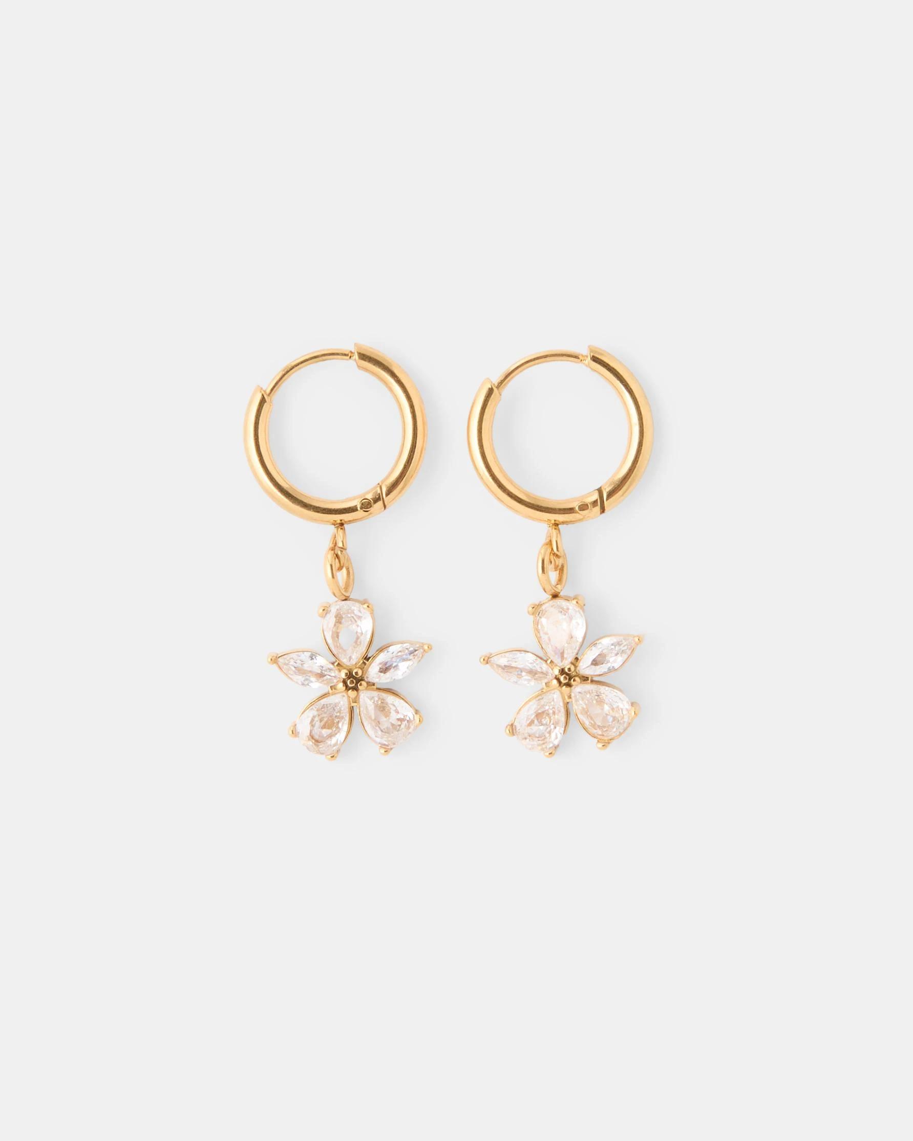 1 Waterproof Stainless Steel Flower Hoop Earrings - Gold Tone Gold