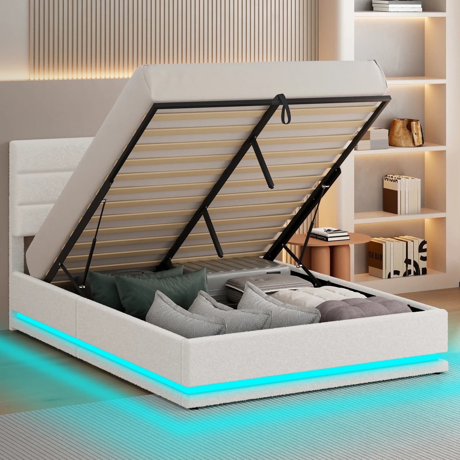 5 Alfordson Bed Frame Queen Size Platform RGB LED Gas Lift Base Storage Boucle - White, 5 of 10