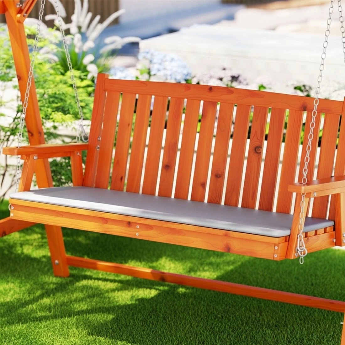 5 Gardeon Outdoor Wooden Swing Chair Garden Bench Canopy Cushion 3 Seater - Multi, 5 of 7