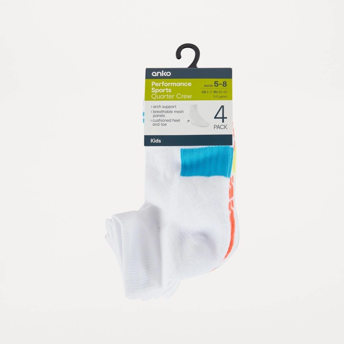 3 4 Pack Active Kids Performance Quarter Crew Socks WHITE NEON, 3 of 3