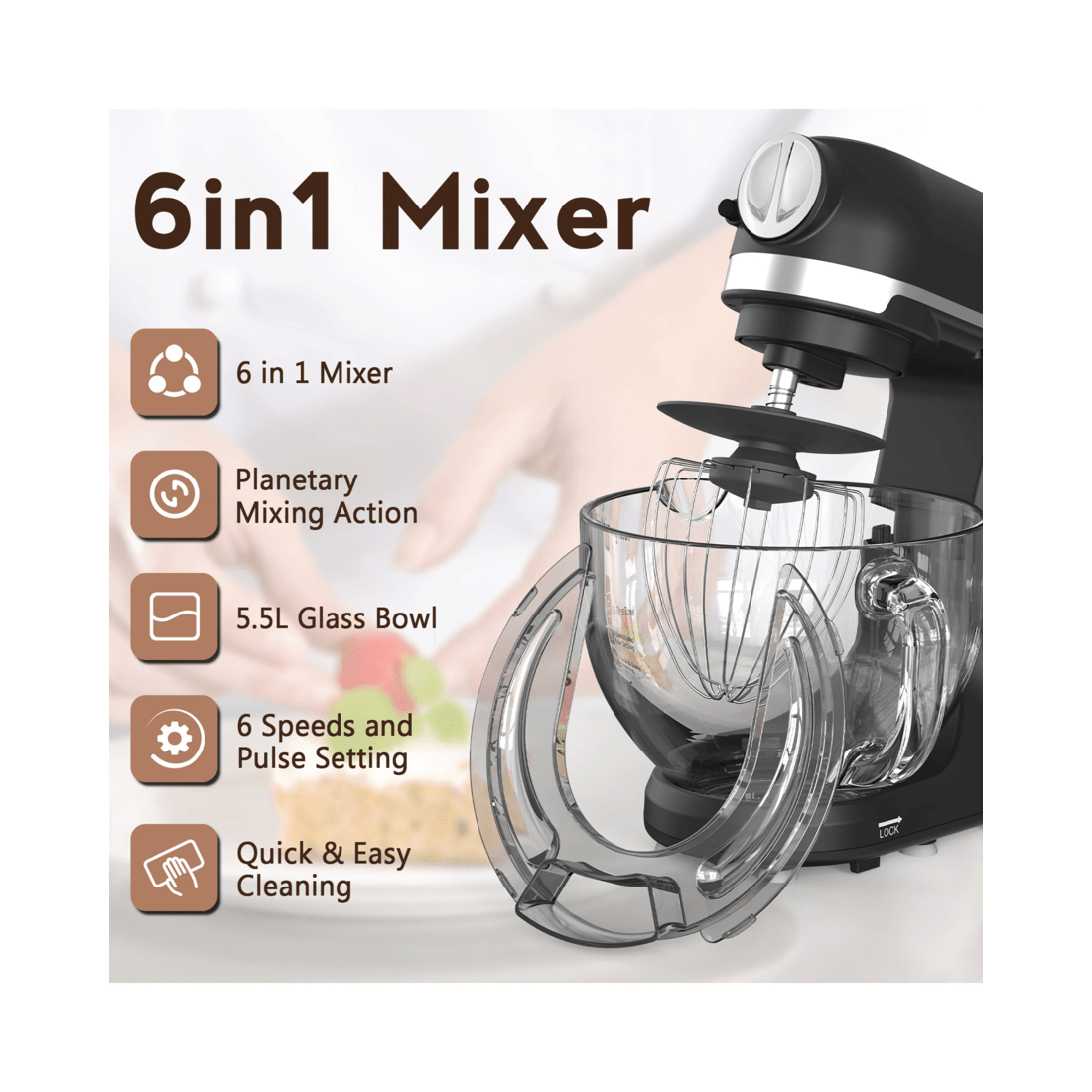 8 Advwin 6 In 1 Stand Mixer, 1400w 5.5l Kitchen Food Mixer, 6 Speed With Tilt-head Pulse Electric Mixer, 8 of 8