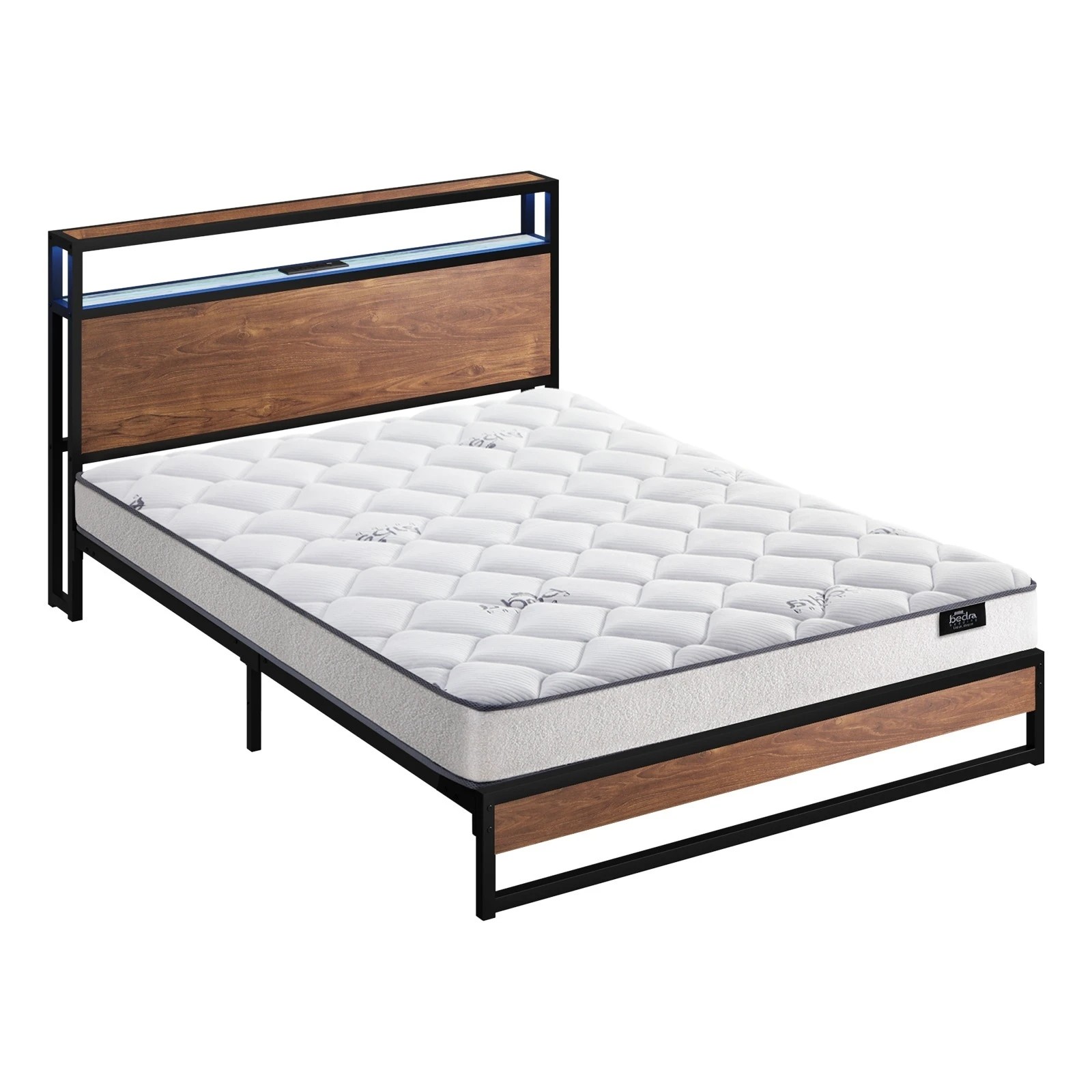 1 Oikiture Metal Bed Frame Queen Size LED Storage USB with Mattress - Brown, 1 of 10