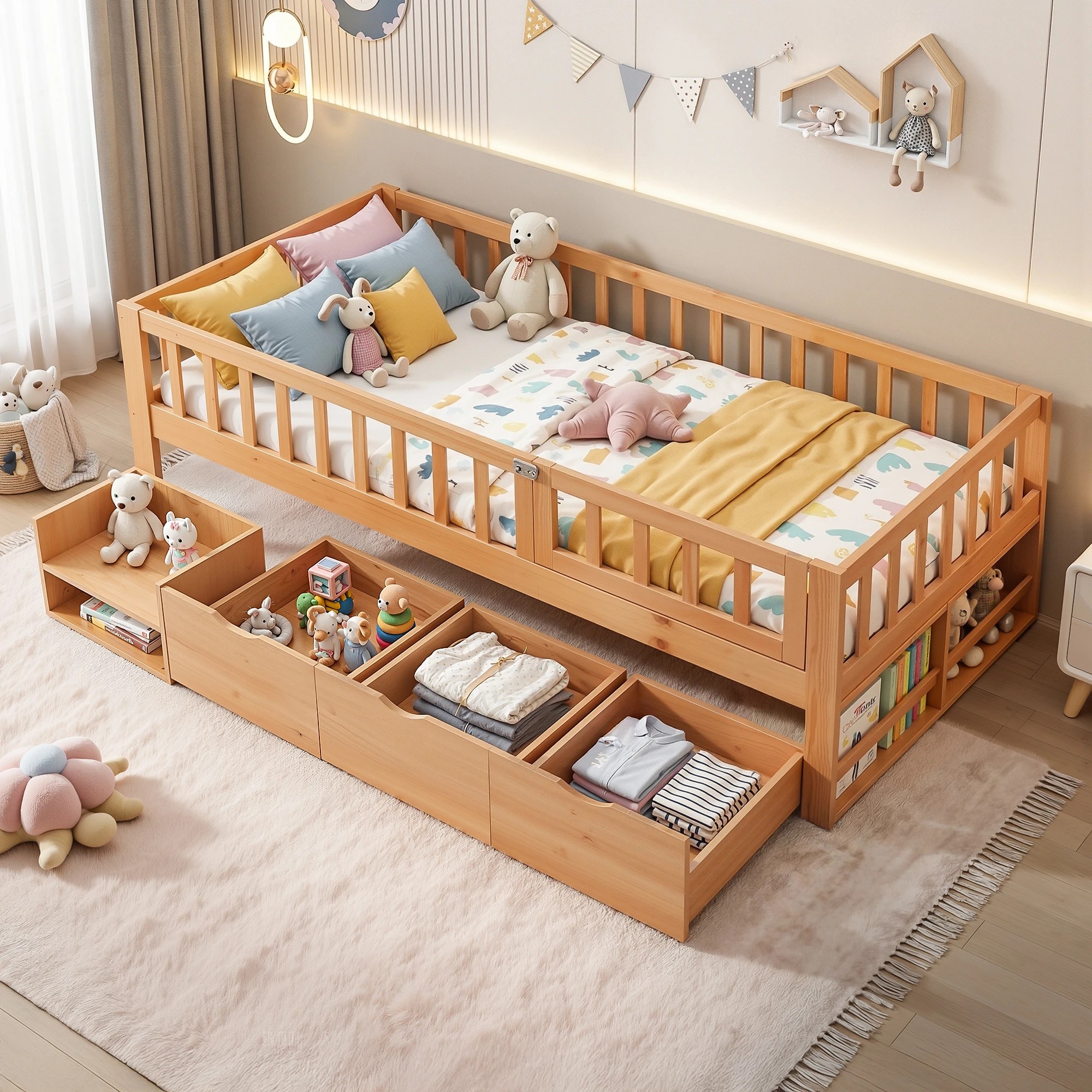 5 Artiss Kids Single Bed Frame with 3 Storage Drawer Montessori Bed for Toddler - Natural, 5 of 8