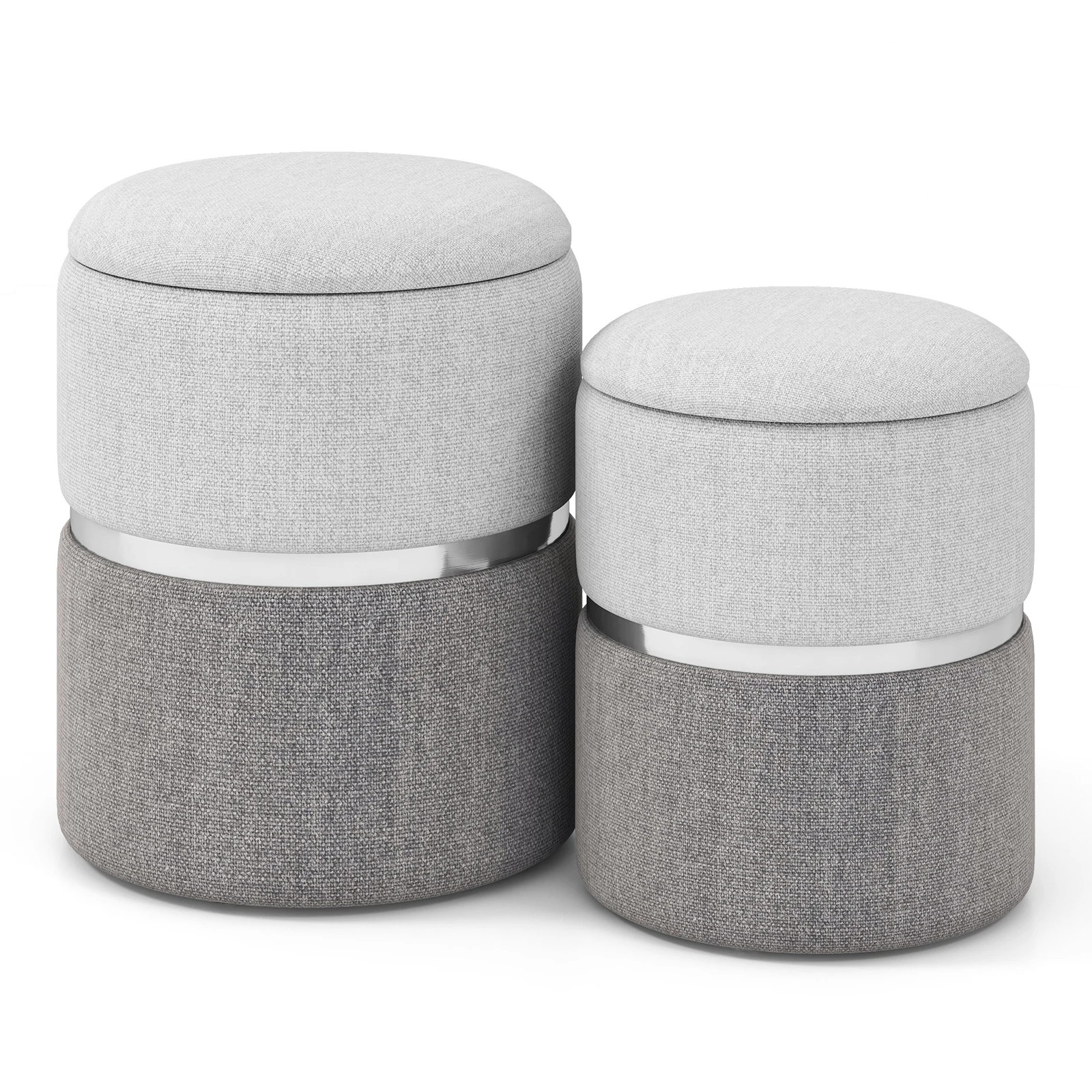 1 Costway 2PCS Round Storage Ottoman Linen Fabric Vanity Stool Upholstered Chair Grey, 1 of 4