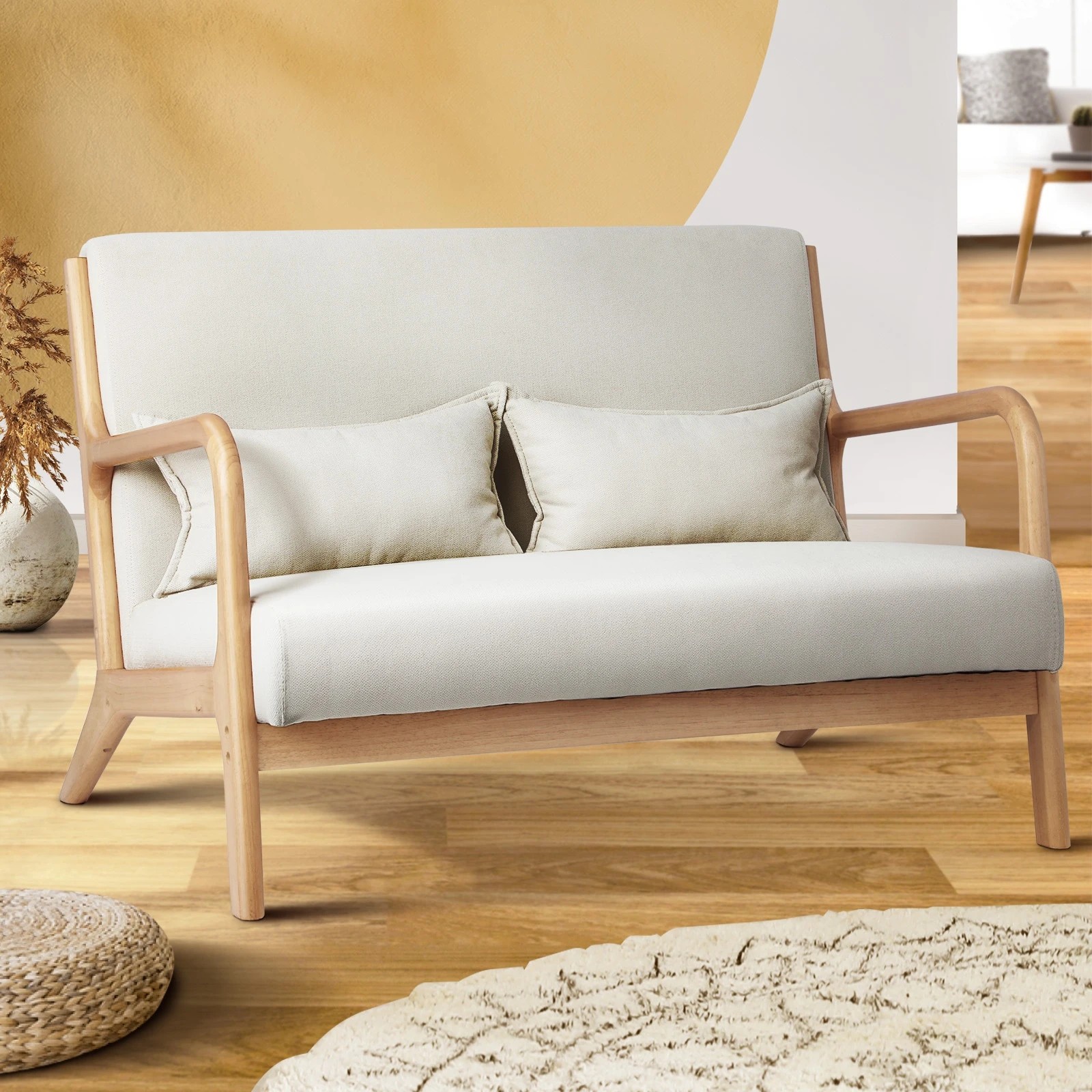 2 Oikiture Armchair Lounge Chair Accent Couch Sofa Pillows 2 Seater Fabric
 - Beige, 2 of 10