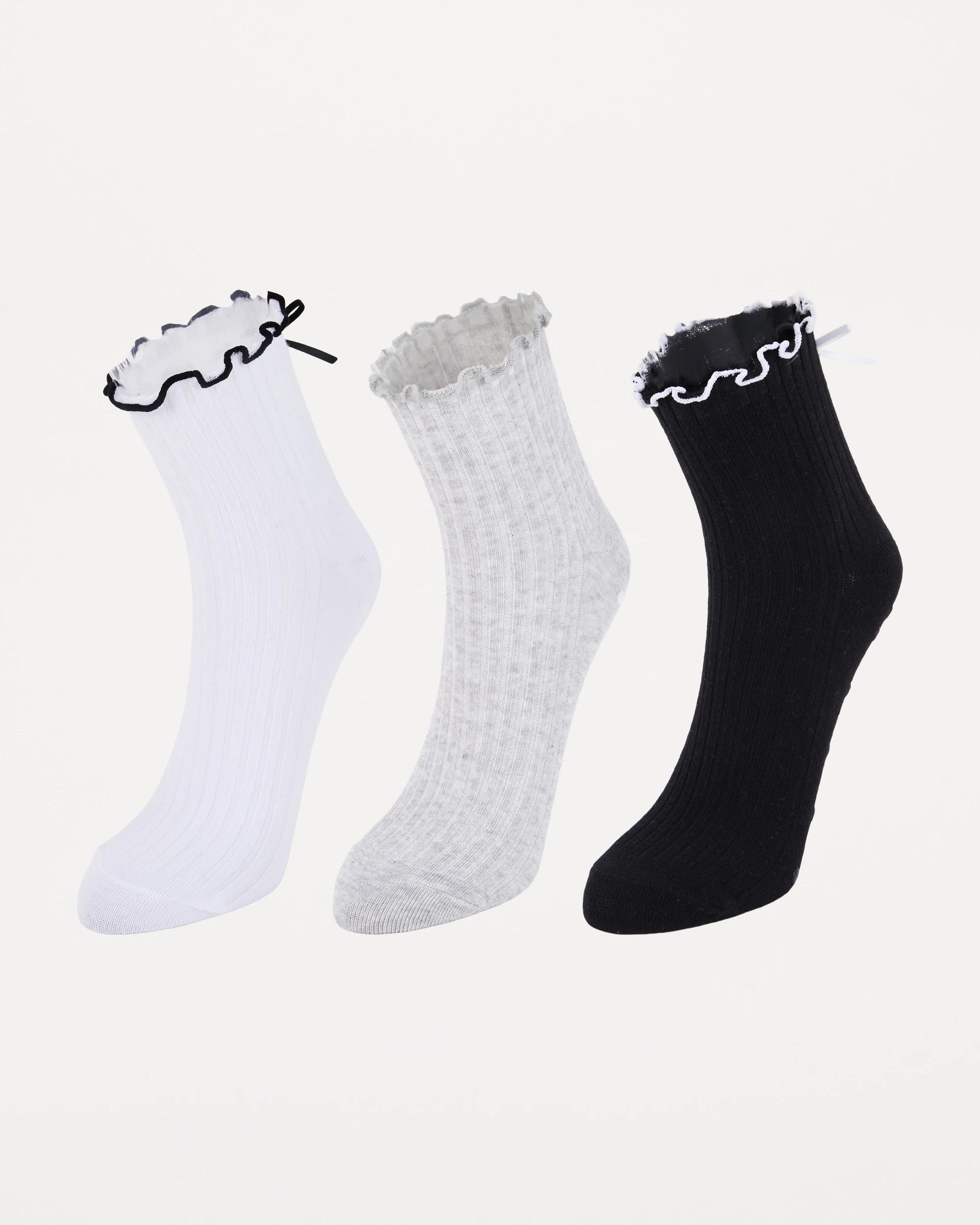1 3 Pack Frill Quarter Crew Non-Slip Socks Monochrome, 1 of 3