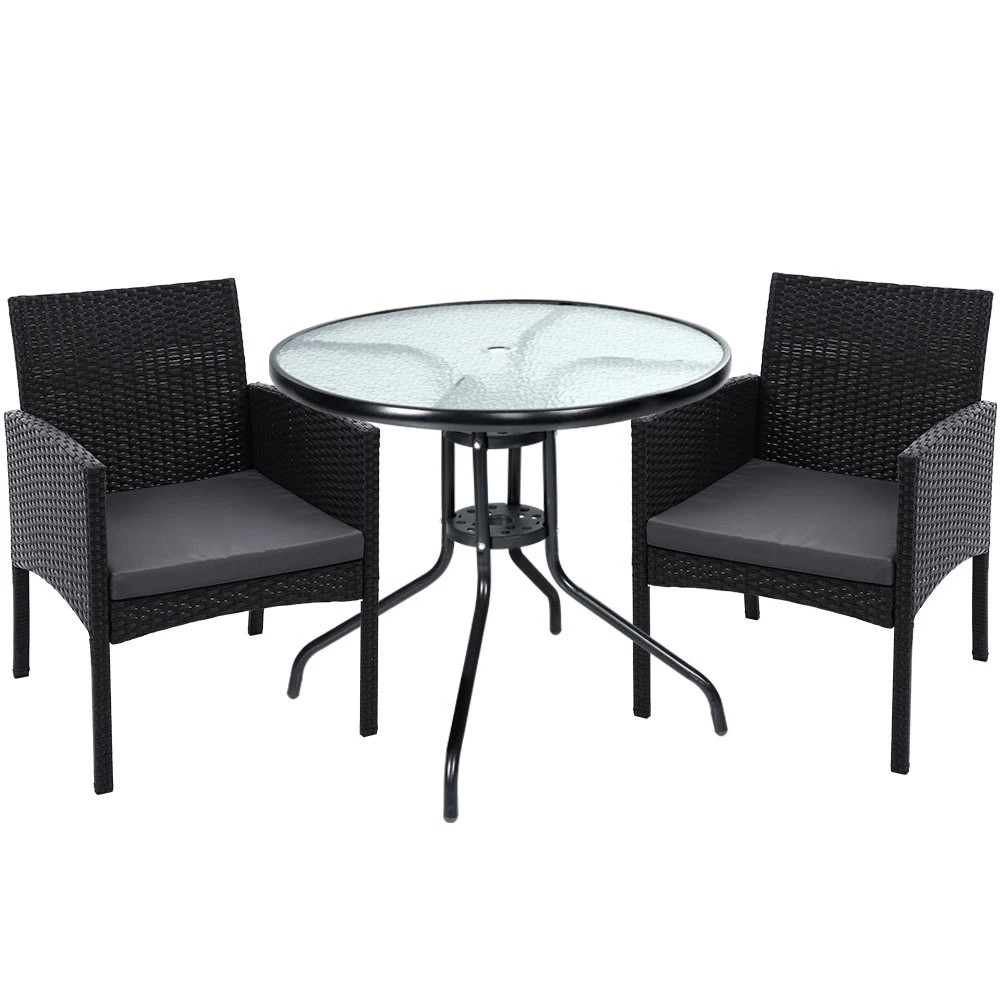 1 Gardeon 3PC Bistro Set Outdoor Furniture Rattan Table Chairs Cushion Patio - Black, 1 of 5