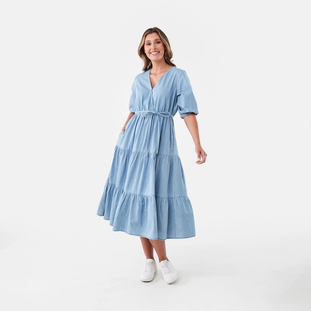 1 Short Sleeve Wrap Chambray Midi Dress Light Wash, 1 of 7