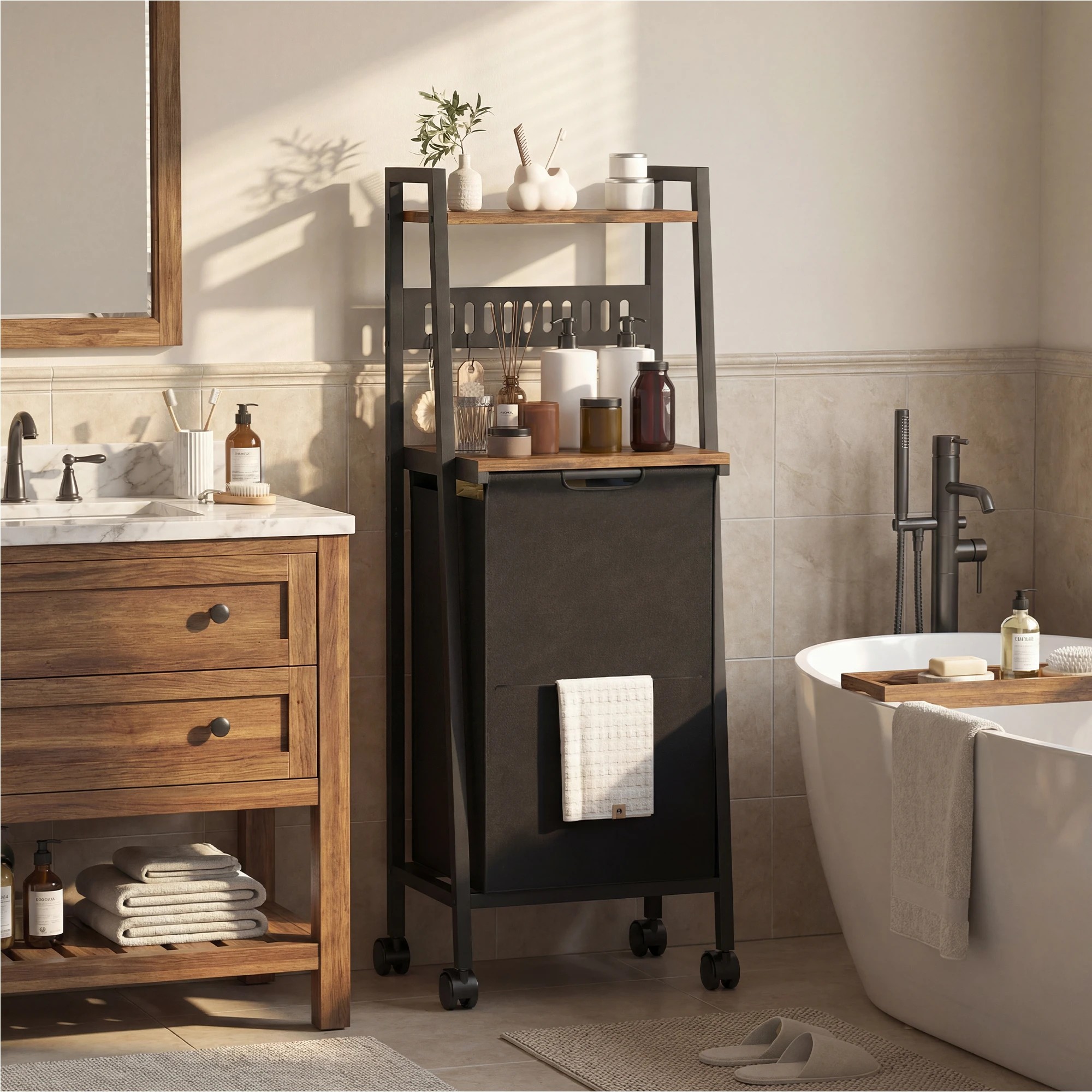 9 Advwin 54L Laundry Hamper with Wheels Shelves Hooks - Brown, 9 of 9