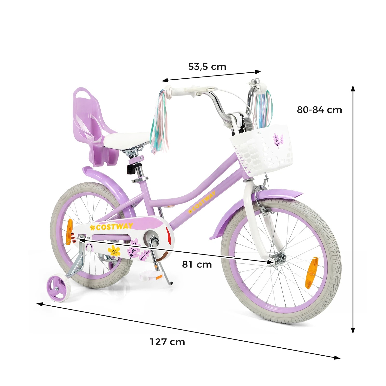 4 Costway 45cm Kids Bike Bicycle Ride-on w/Training Wheels & Doll Seat & Front Basket Beginner - Purple, 4 of 4