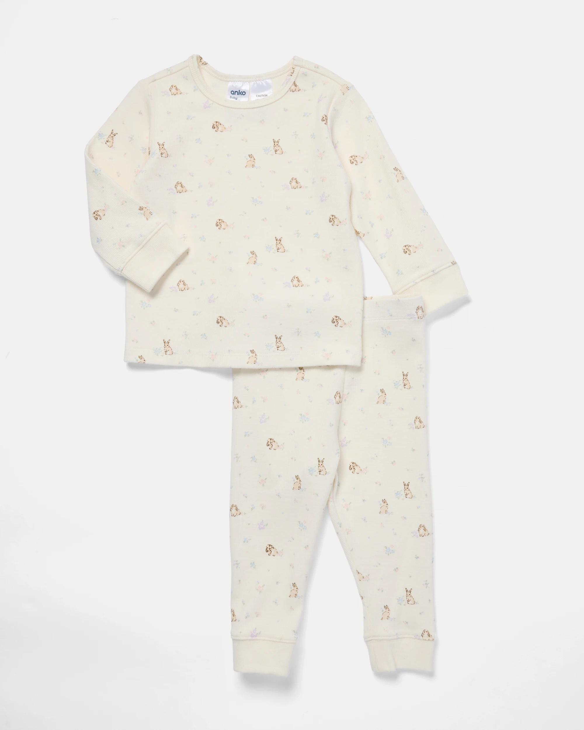 1 Cotton Ribbed Pyjama Set Beig Bunny, 1 of 8