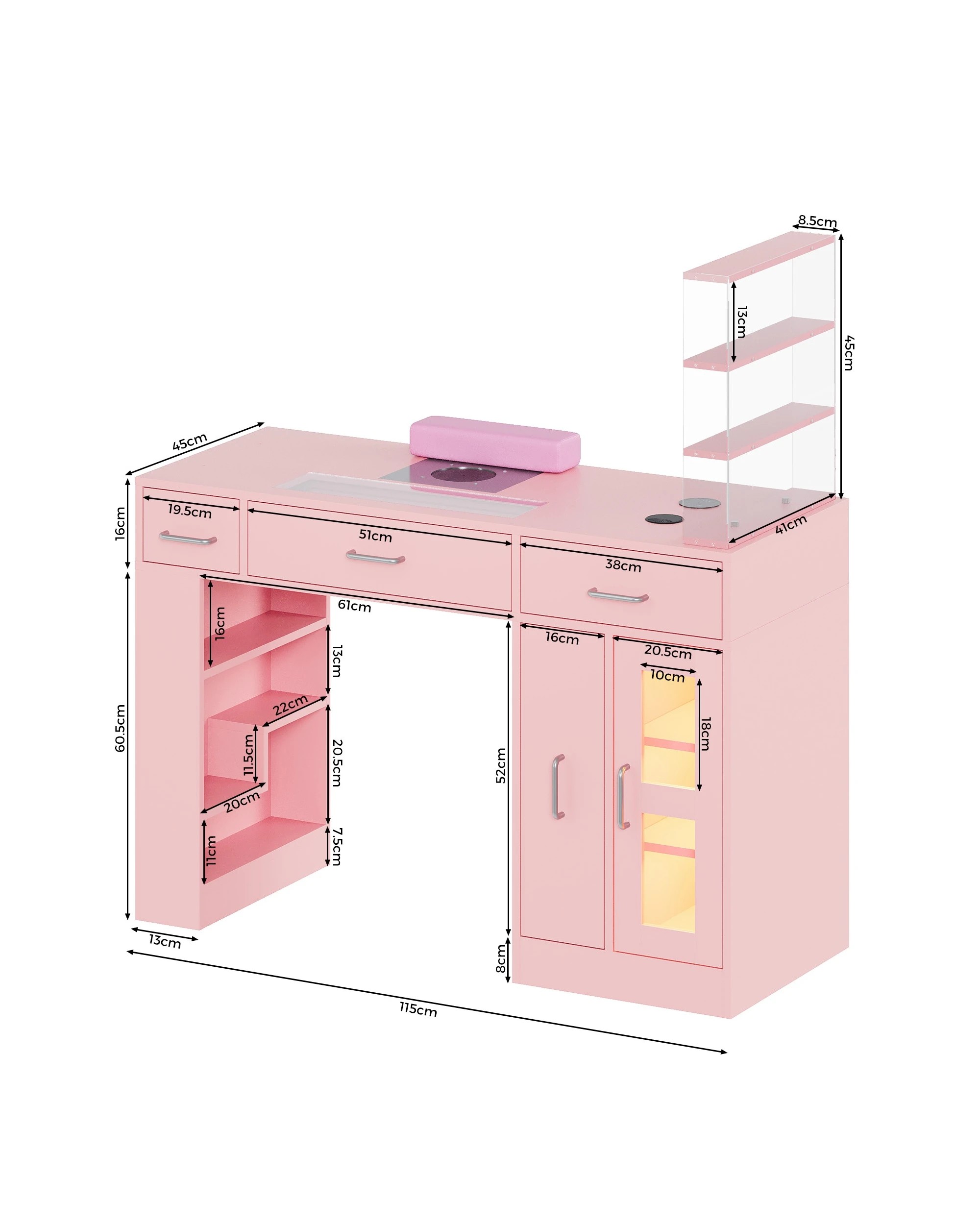 2 Advwin Vanity Nail Desk Manicure Table w/Glass Top Drawer Dust Collector Wireless Charging LED Light - Pink, 2 of 9