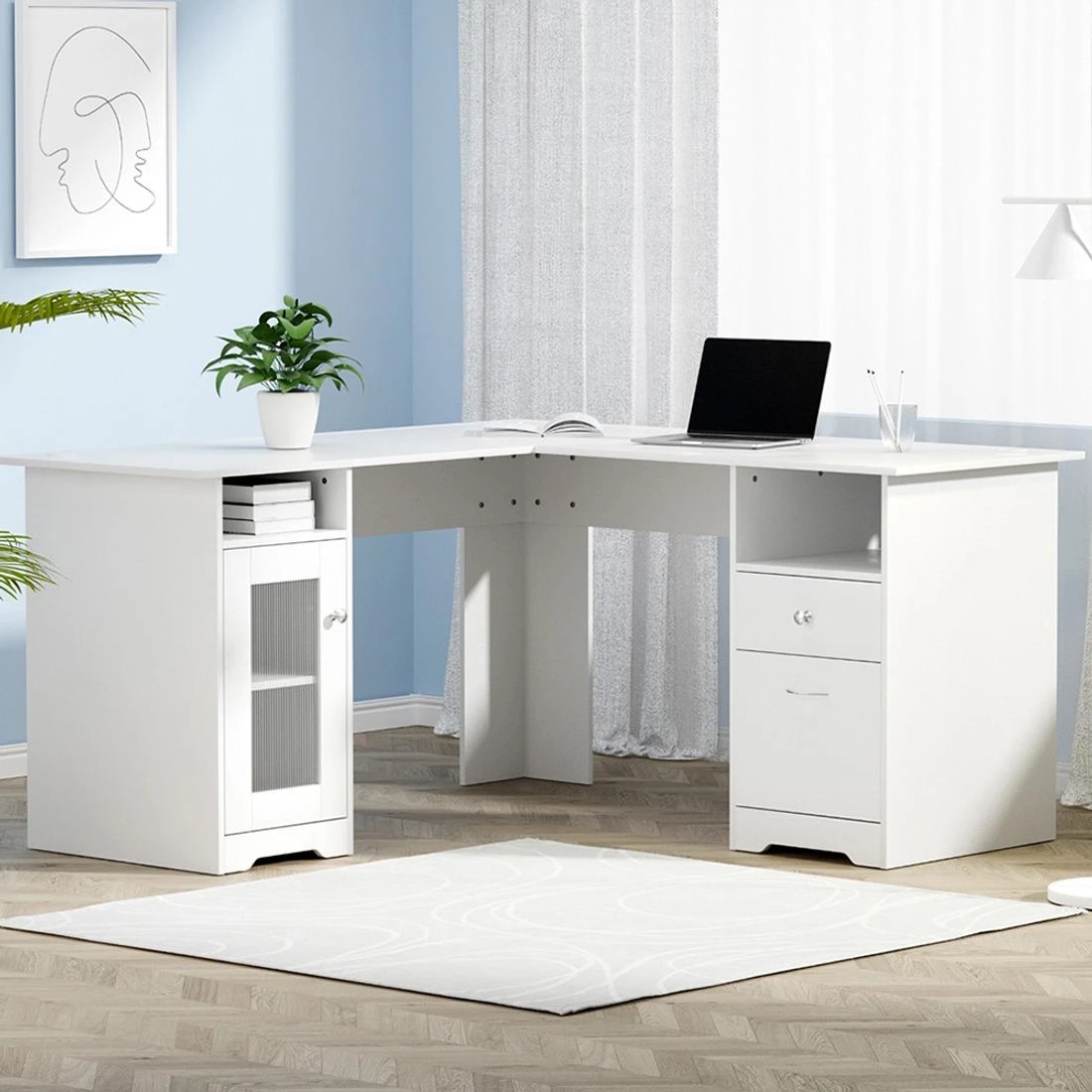 3 Artiss Computer Desk Shelf Cabinet L-Shape White 150CM - White, 3 of 4