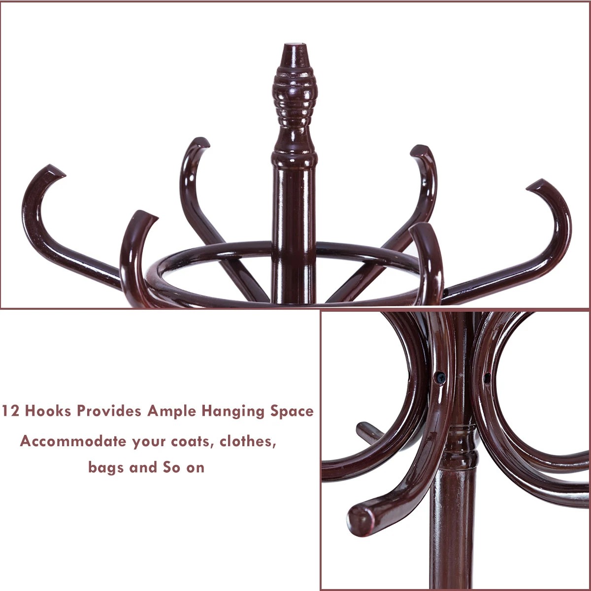 3 Costway 12 Hook Wood Coat & Hat Rack Clothes Stand Storage Tree Shelf, 3 of 10