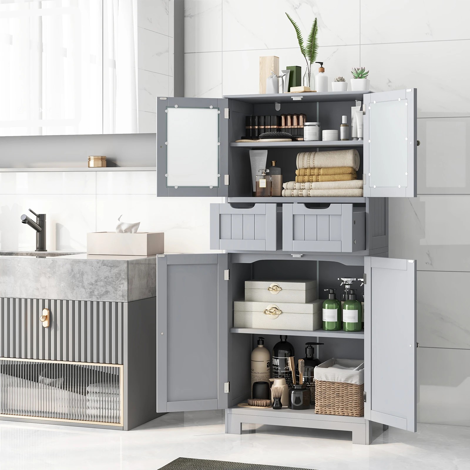 3 Costway Floor Storage Cabinet Kitchen Pantry Cupboard Multifunctional Organizer - Grey, 3 of 5