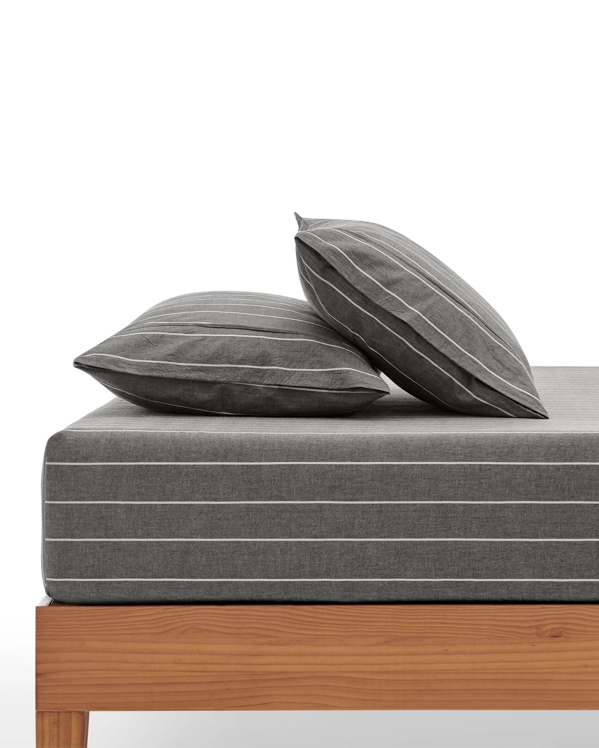 1 Dreamaker Rumi Stripe Washed Cotton Fitted Sheet Set - King Single Bed - Graphite with White, 1 of 6