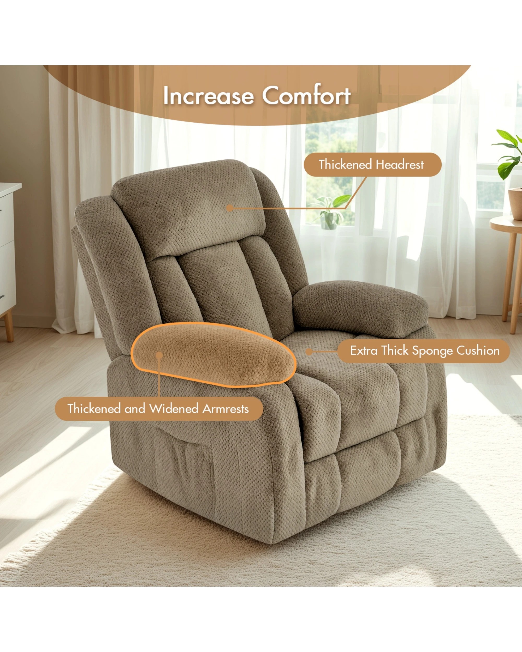6 Advwin Recliner Chair Velvet Lounge Armchair Rotatable Brown, 6 of 7