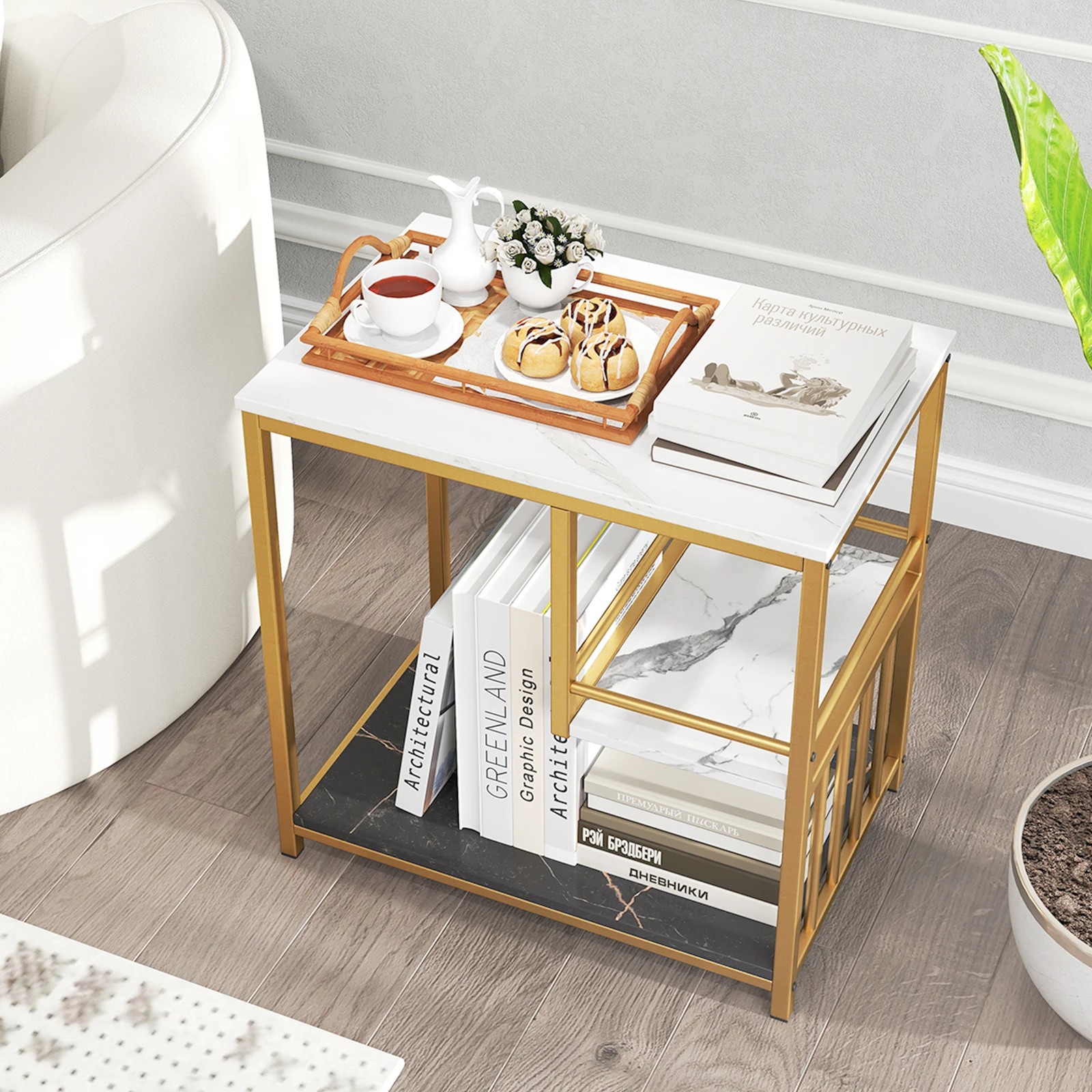 4 Costway Side Coffee Table Sofa End Table Faux Marble Bedside Table w/Shelf, 4 of 5