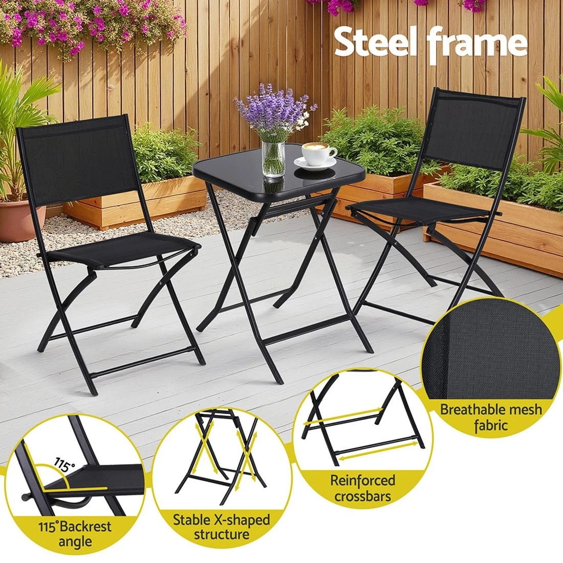 4 Gardeon Outdoor Bistro Set Folding Table and Chairs Patio Furniture Garden Steel - Black, 4 of 6