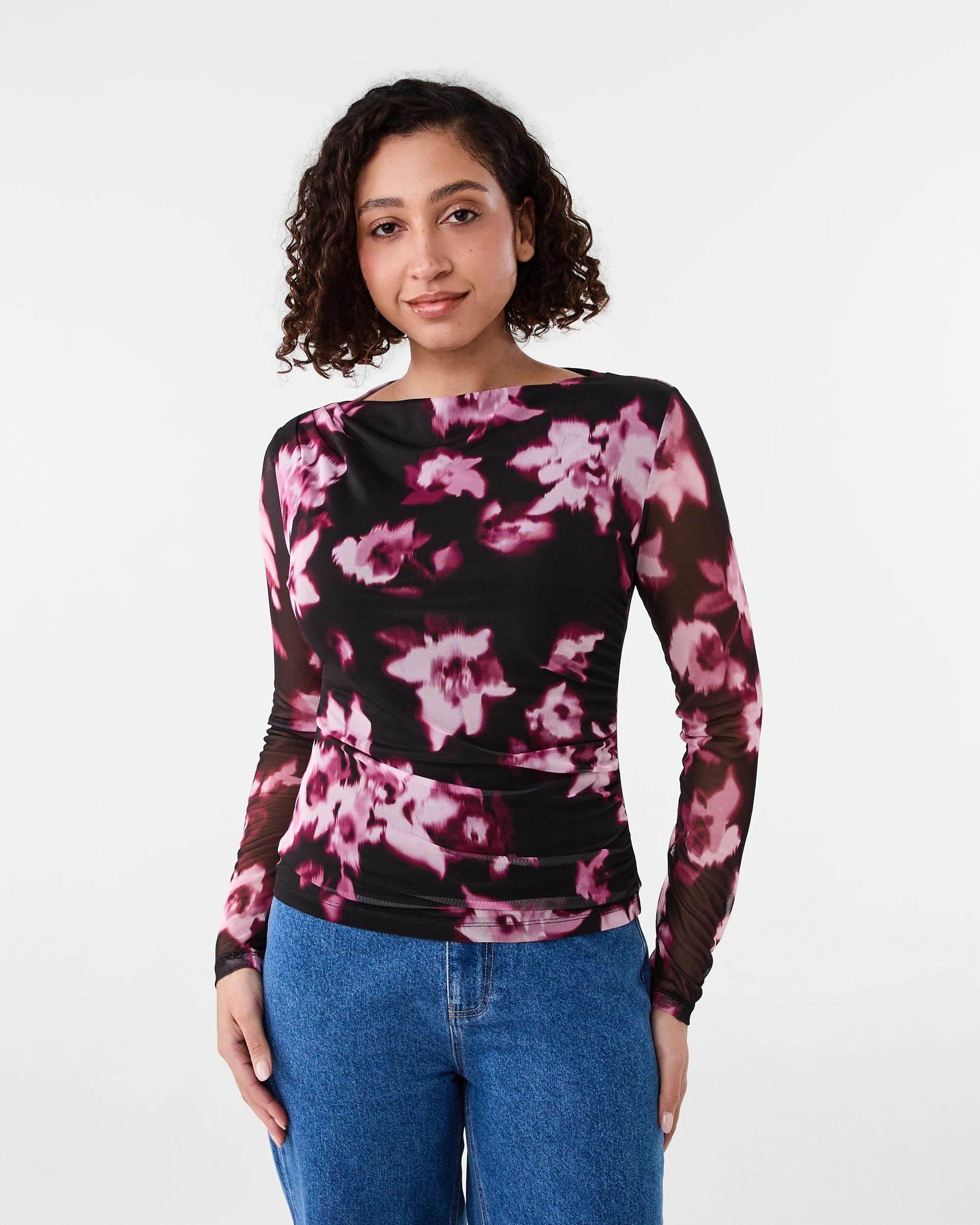 1 Long Sleeve Mesh Drape Top Blk Florl, 1 of 7