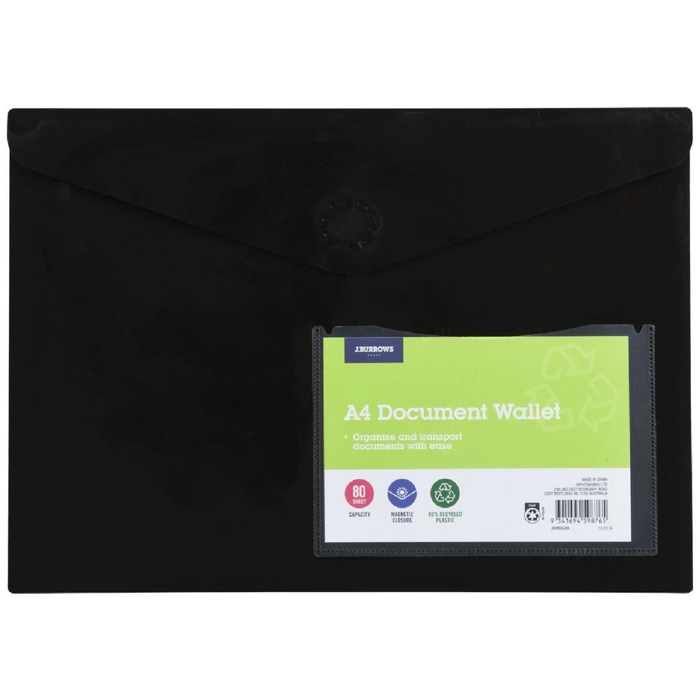1 J.Burrows A4 Document Wallet Magnetic Closure Black, 1 of 4