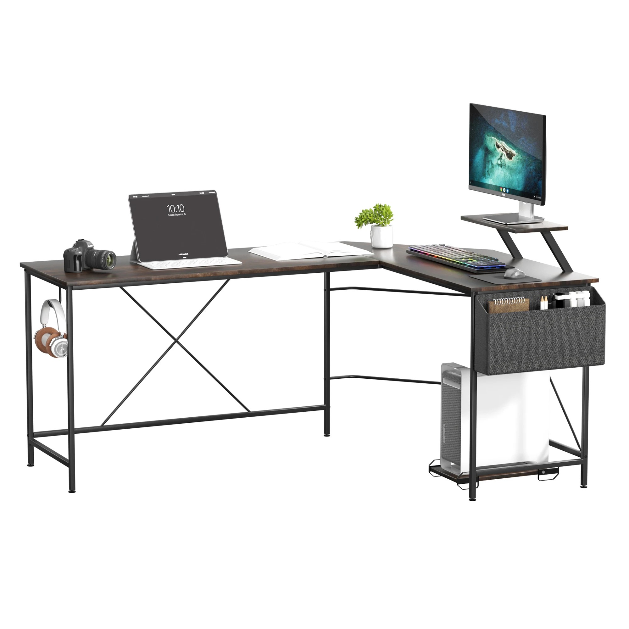 2 Levede L-Shape Corner Computer Desk - Brown, 2 of 9