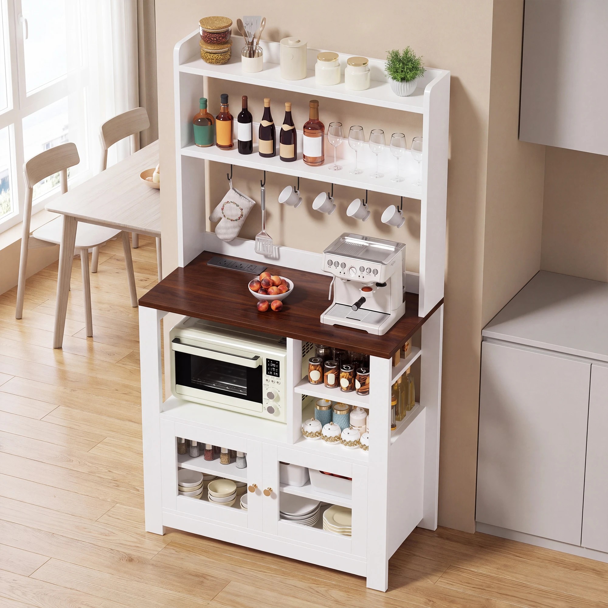 9 Advwin Kitchen Bakers Rack with Power Outlets Storage Hooks - White, 9 of 10