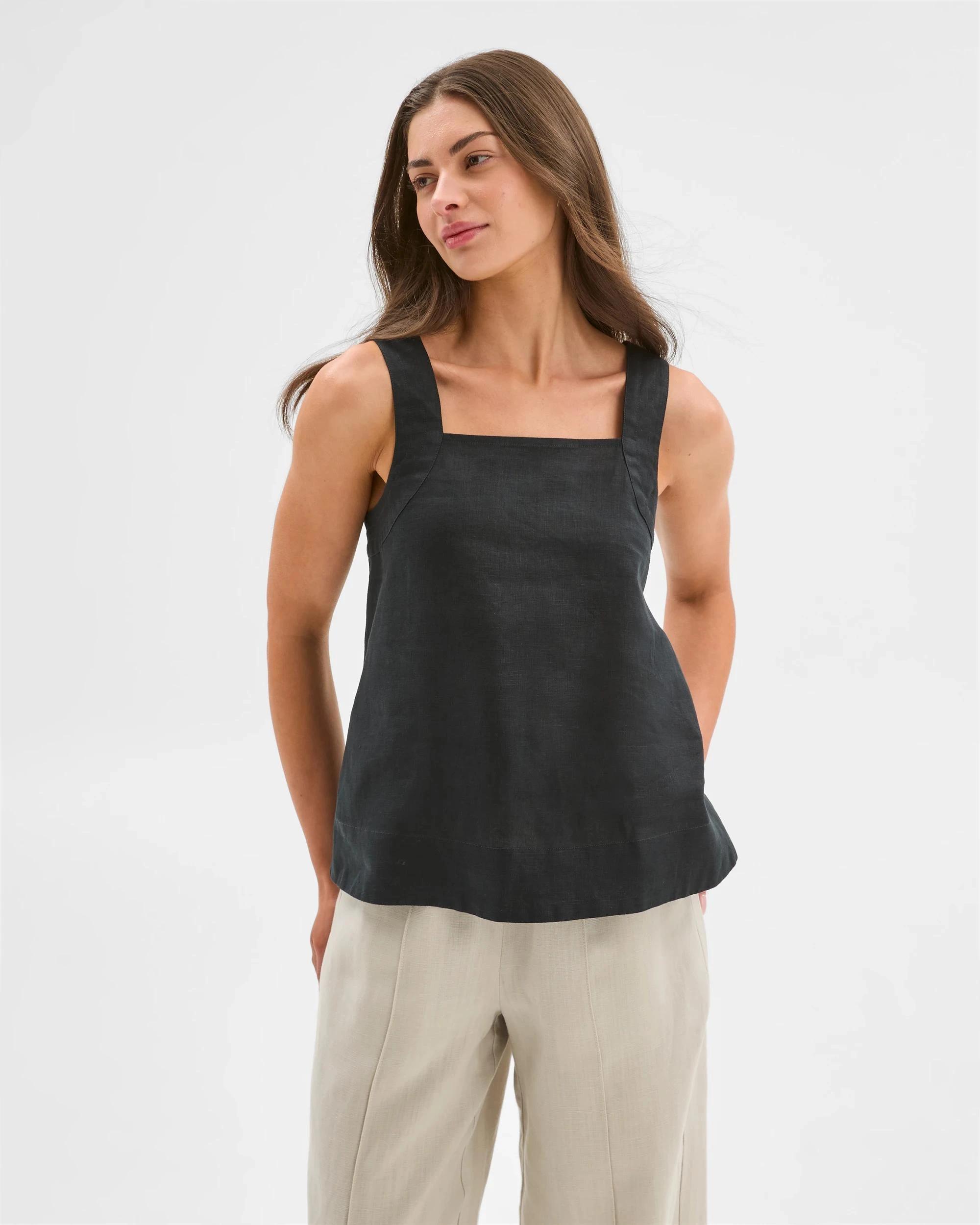 1 Target Petites European Linen Sleeveless Stitch Detail Cami BLACK, 1 of 6