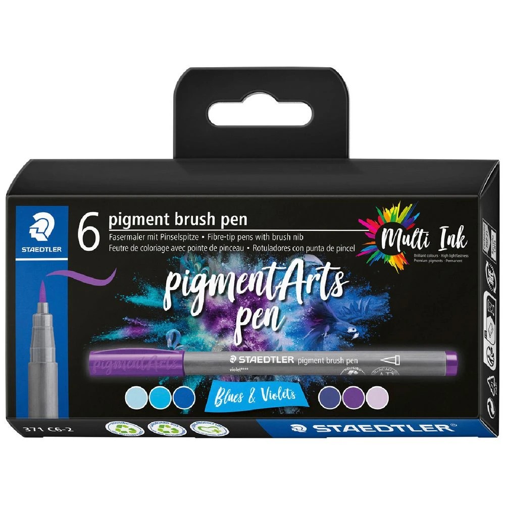 1 Staedtler Pigment Arts Brush Pens Blues & Violets 6 Pack, 1 of 2