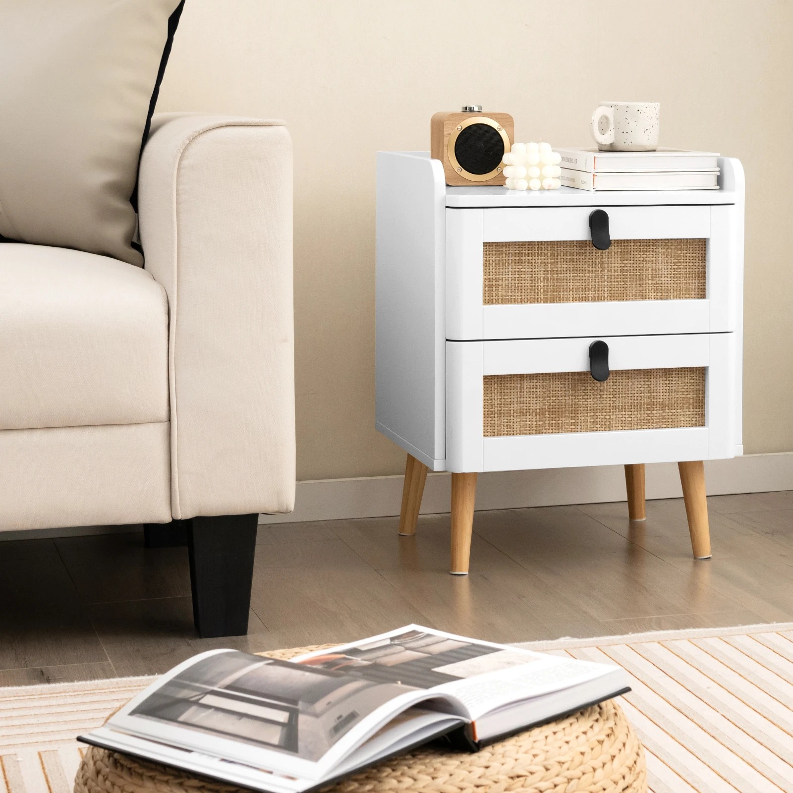 2 Costway Boho Accent Nightstand w/2 Rattan Drawers Modern Bedside Table - White, 2 of 3