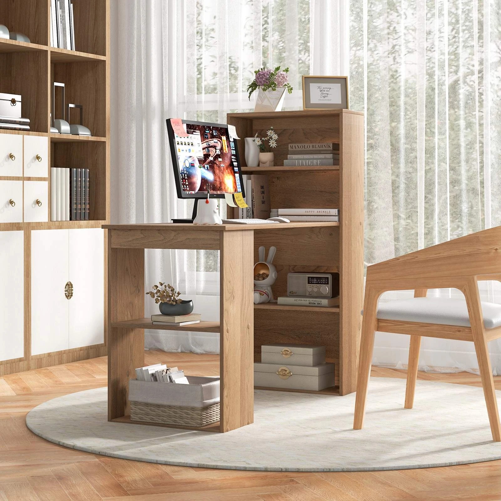 4 Costway 3-in-1 Computer Desk with Bookshelf Reversible Writing Work Table - Natural, 4 of 6