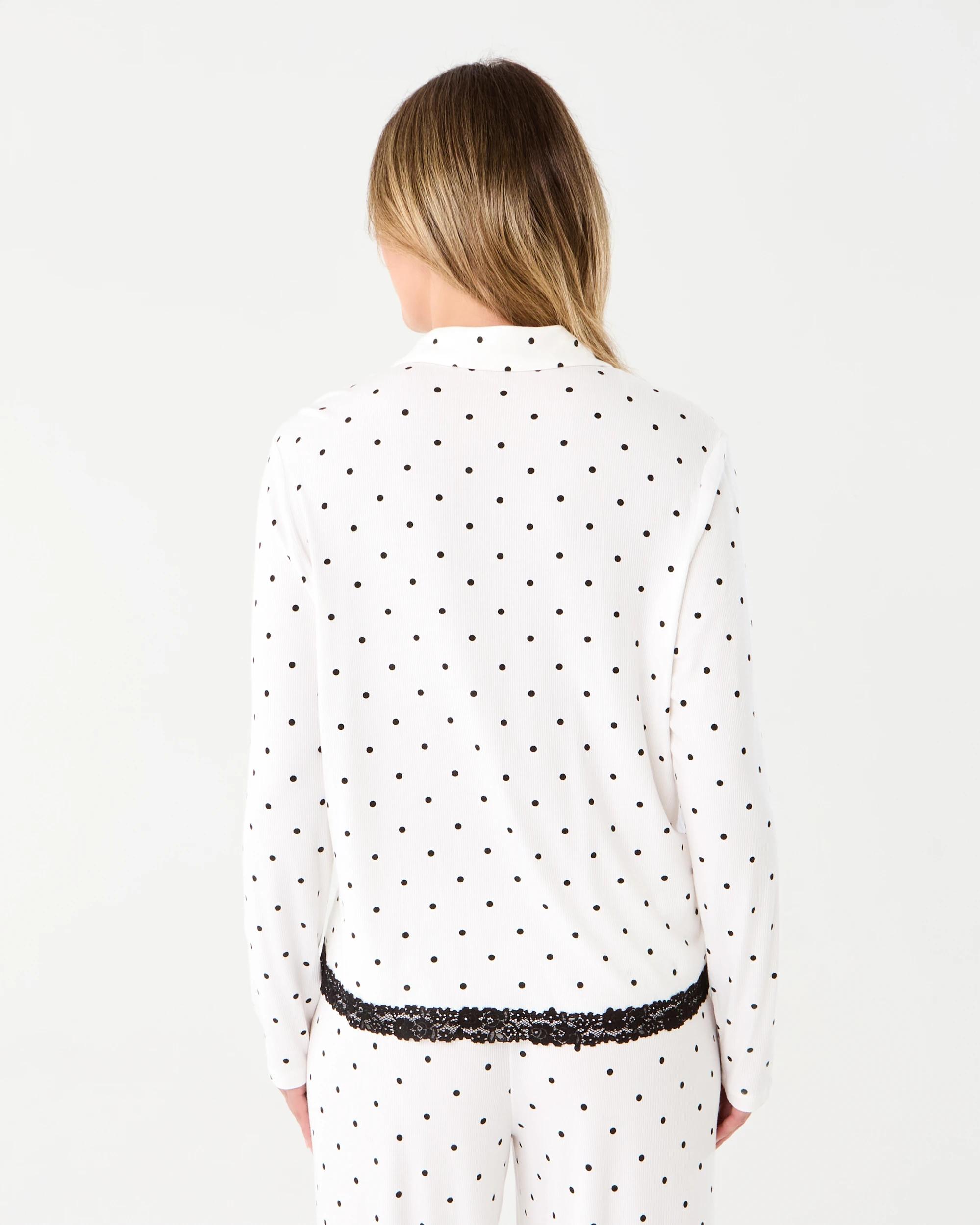 3 Viscose Rib Lace Trim Button Through Top Dots White, 3 of 9
