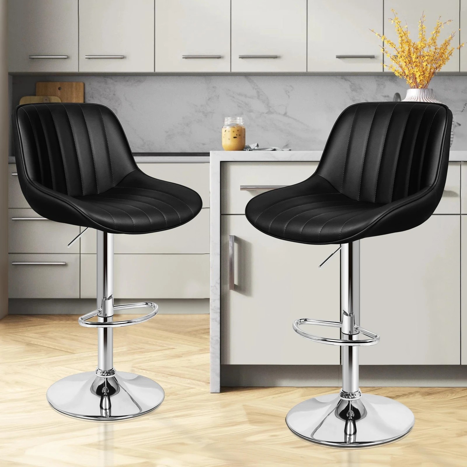 2 Alfordson 2x Bar Stools Gas Lift Leather Bar Chairs Kitchen Swivel Wendy - Black, 2 of 8