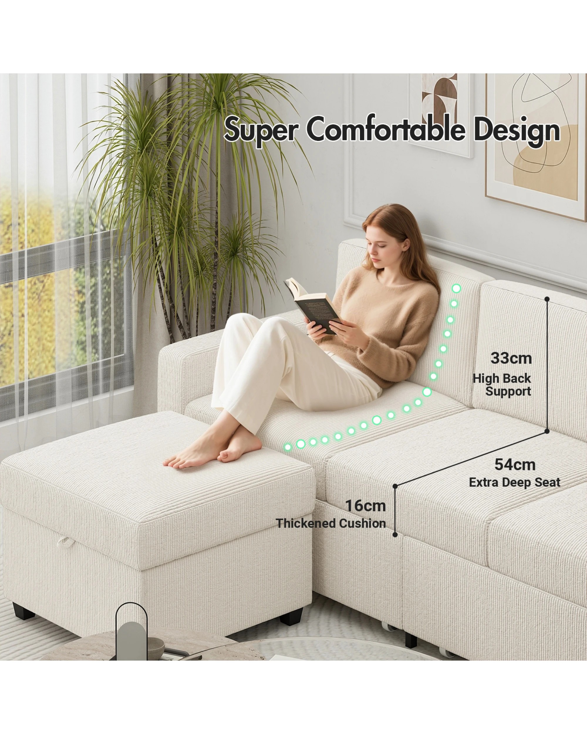 4 Advwin 3 Seater Sofa 197cm Corduroy Modular Corner Couch W/ Storage Ottoman & Drawers Lounge Chaise, 4 of 9
