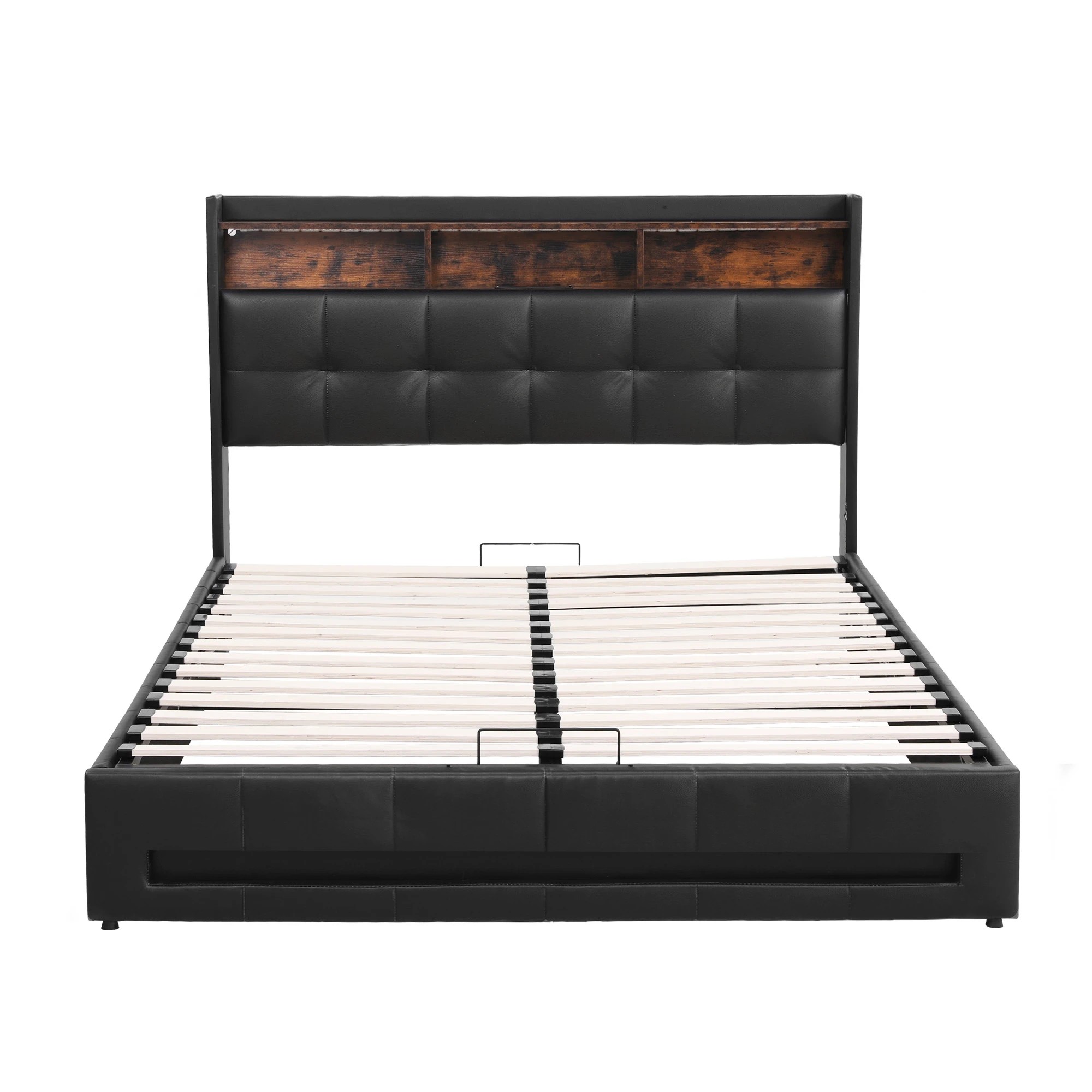 2 Artiss Double Bed Frame Lift Storage LED Lights Charging Station - Black, 2 of 3