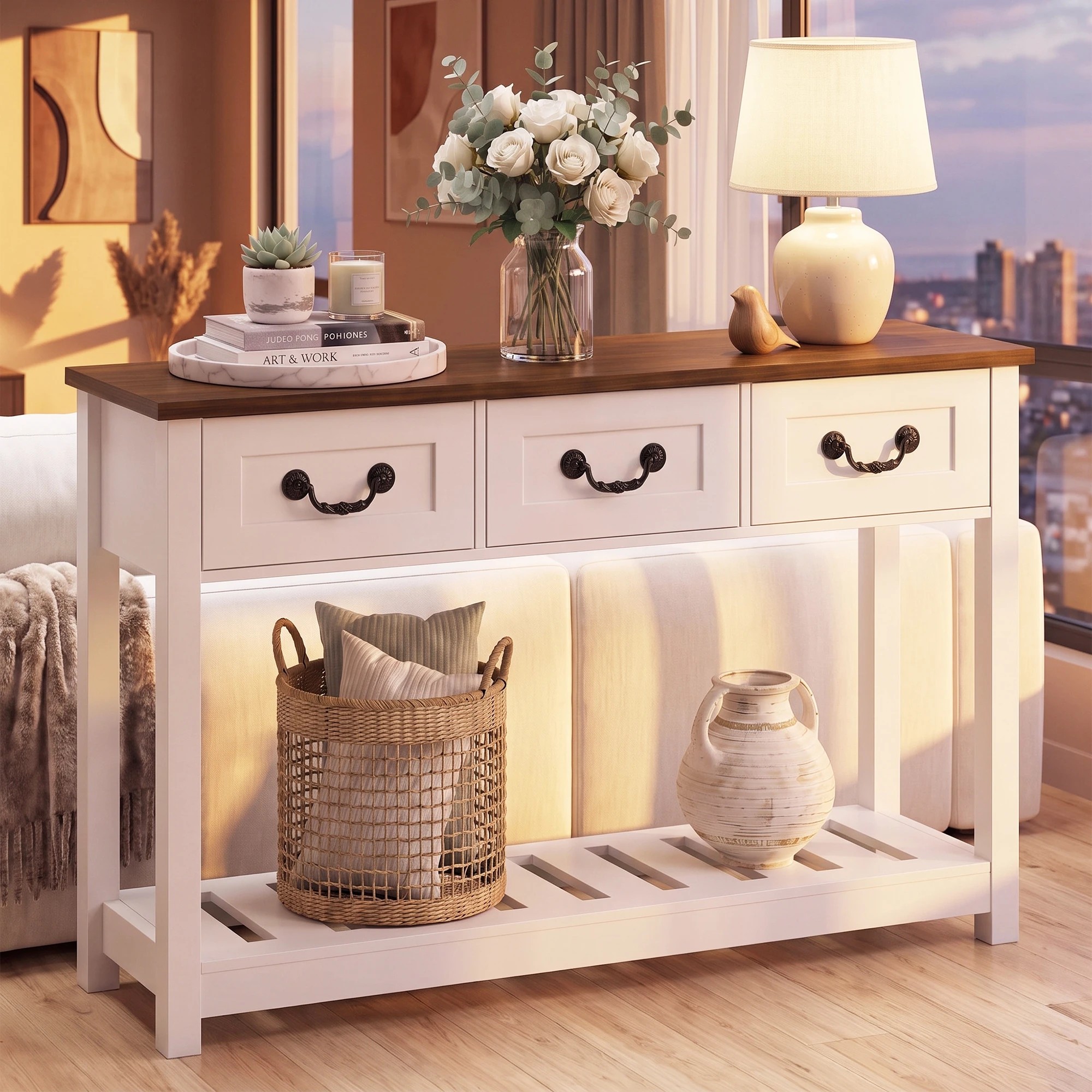 6 Advwin 100cm Console Table with 3 Drawers & Open Shelf Vintage Narrow Hallway Table - White, 6 of 8