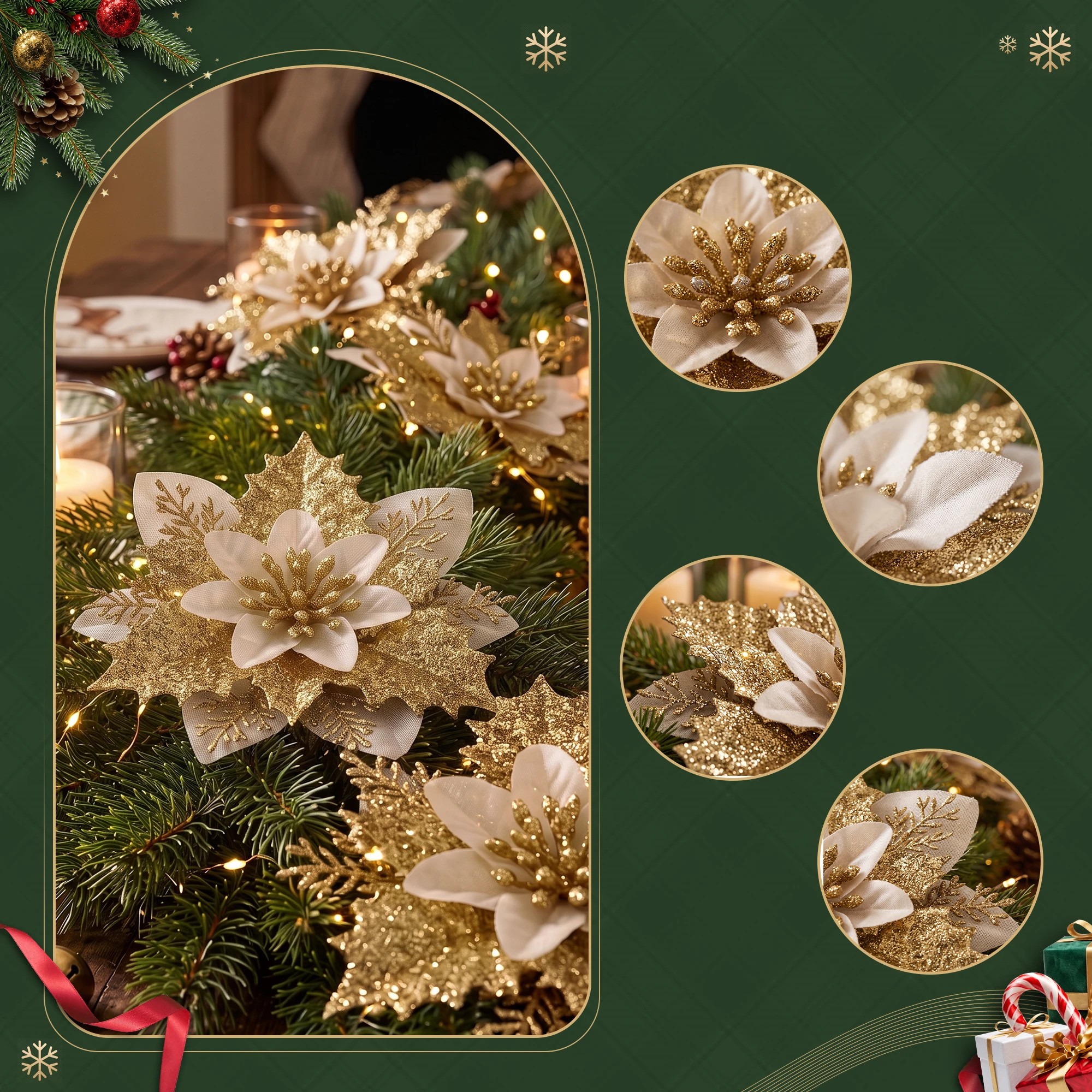 7 Jingle Jollys 10Pcs Christmas Tree Flower Set Xmas Garland Wreath Poinsettia Decorations - Gold, 7 of 9