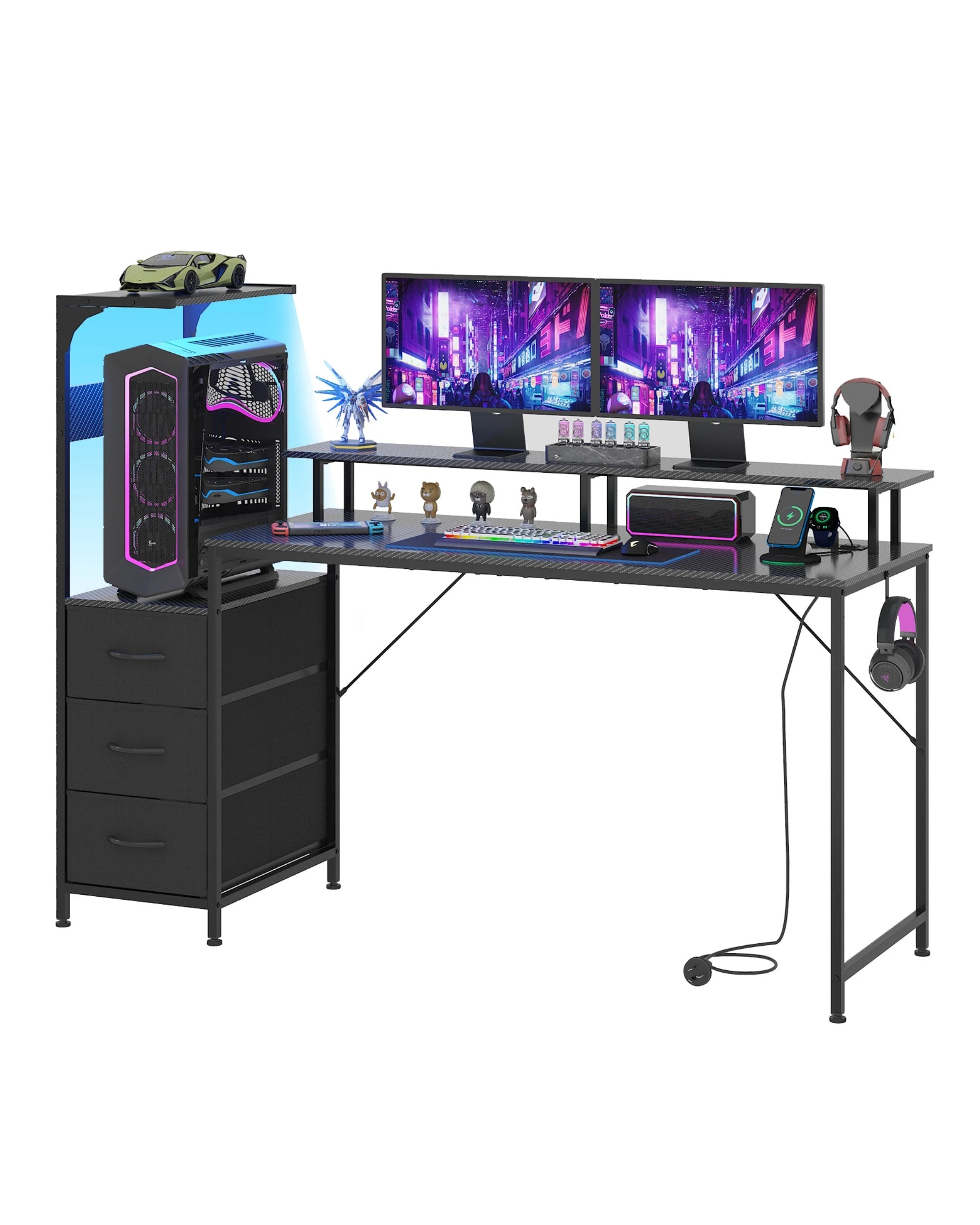 4 Advwin Gaming Desk with LED Lights & Power Outlets Reversible Storage Shelf 150cm Computer Desk, 4 of 10