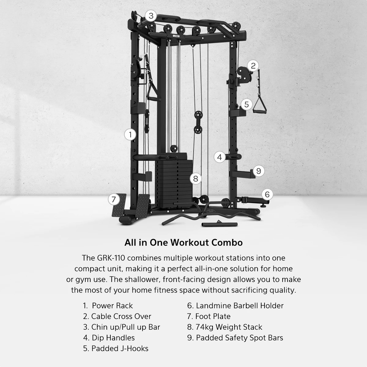 3 LSG GRK-110 Space Saving Multi-Function Rack with 74kg Cable Crossover, FID Bench, 90kg Standard Weight Package - Black, 3 of 10