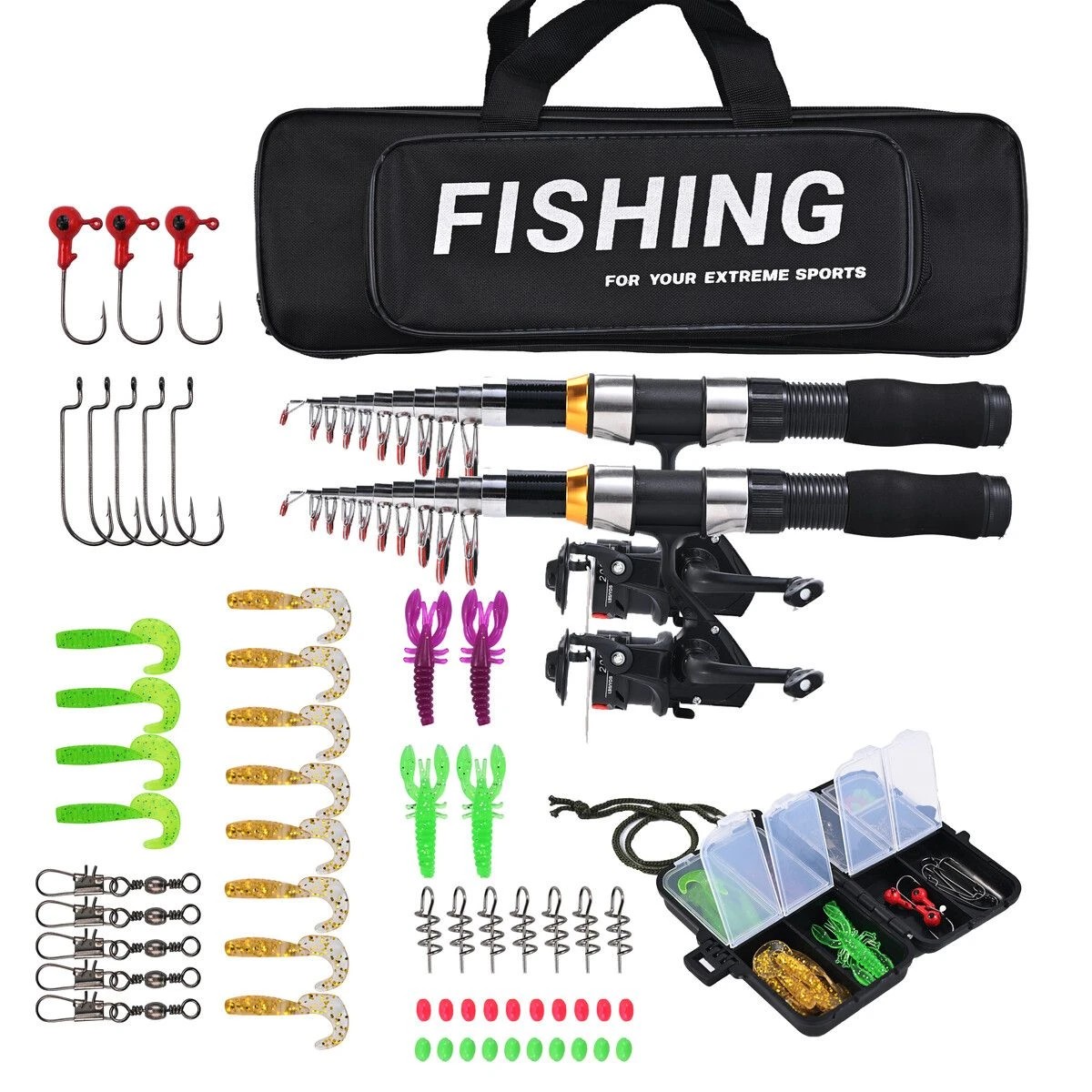 1 Ausway Portable Fishing Rod & Reel Combo Set 2 x 2.3m Telescopic Rods, Spinning Reels, Tackle Box & Bag, 1 of 6