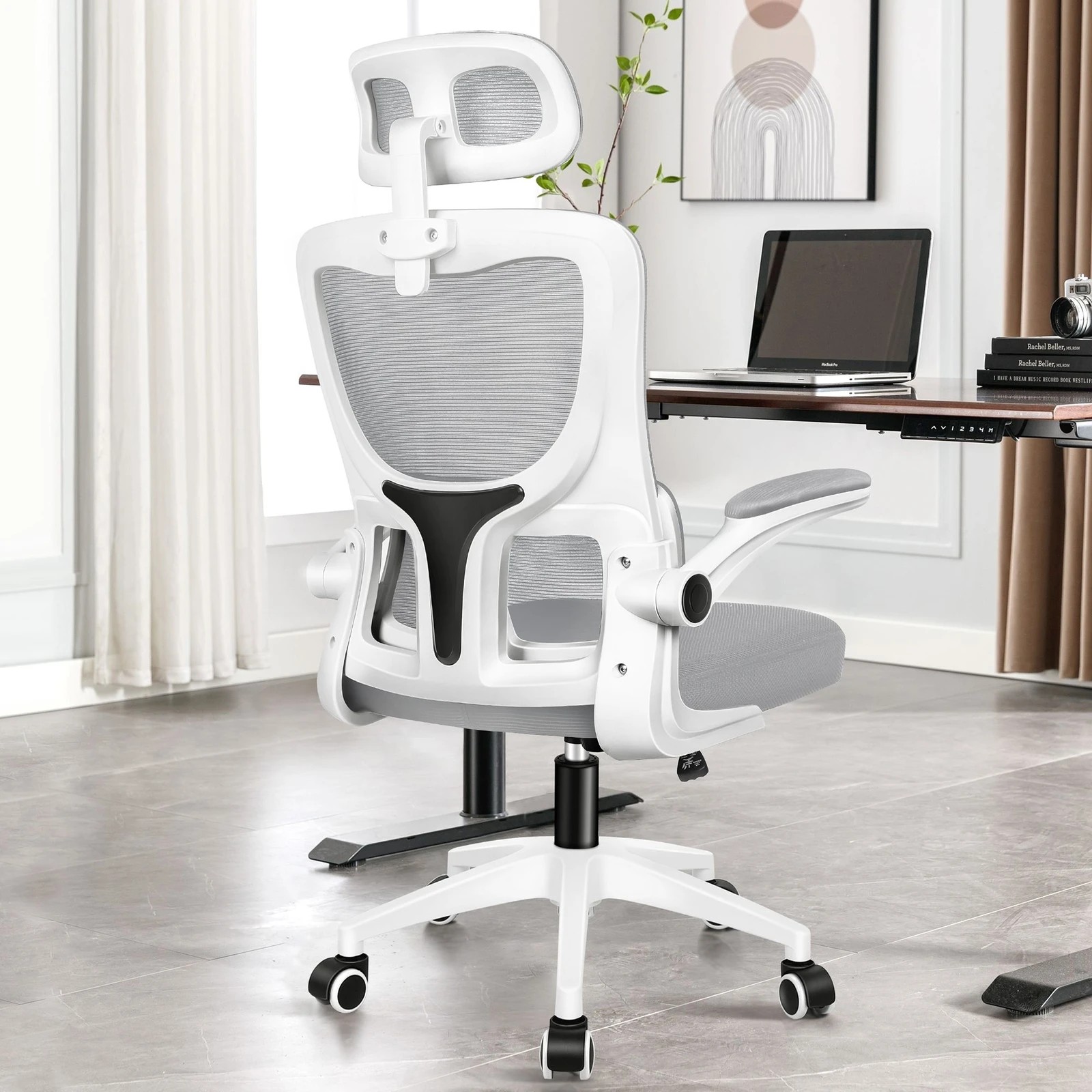 4 Alfordson Mesh Office Chair Executive Computer Tilt Fabric Seat Racing Work - Grey White, 4 of 10