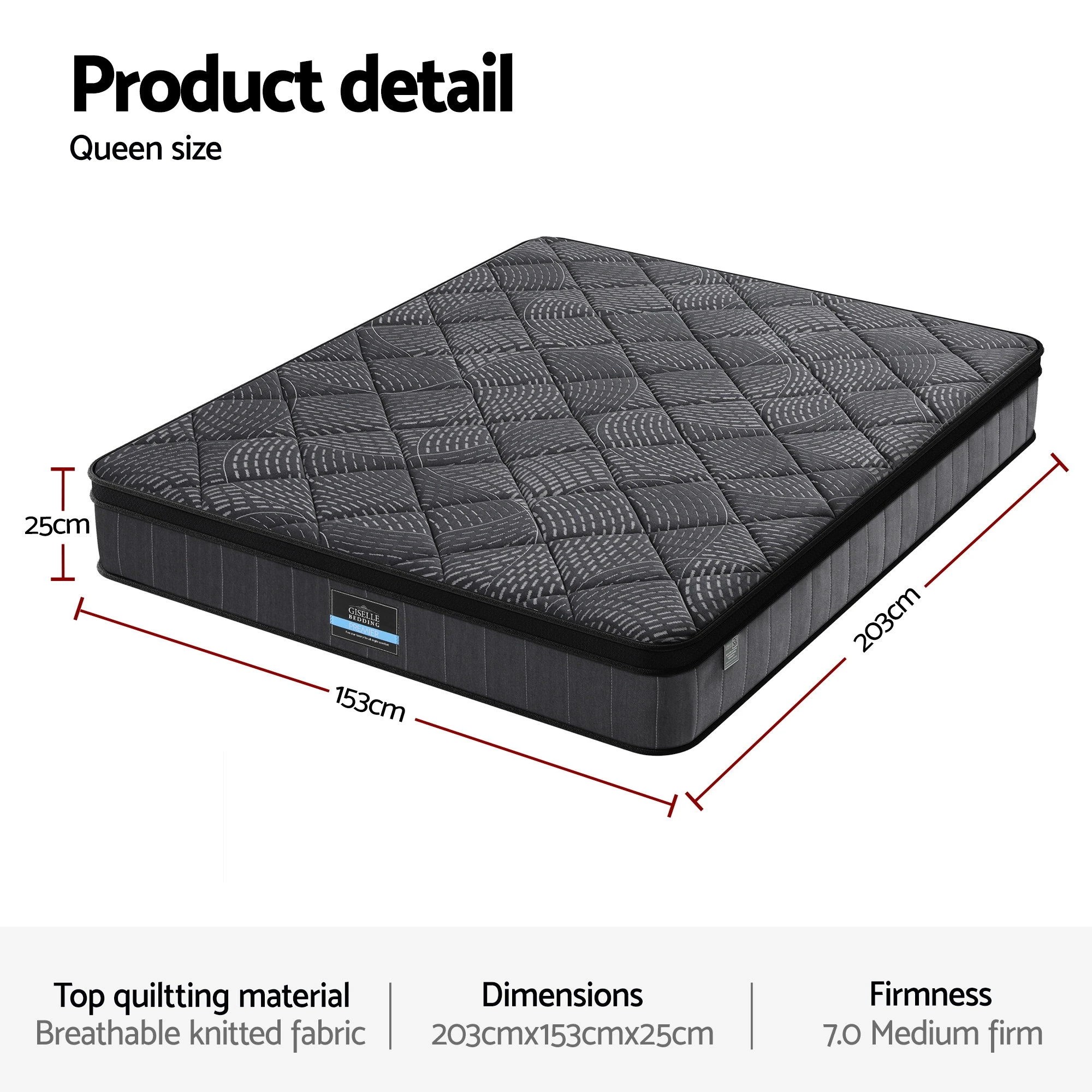 2 Giselle Bedding Queen Mattress 25cm Pocket Spring Latex Euro Top Medium Firm - Queen Bed - Black, 2 of 3