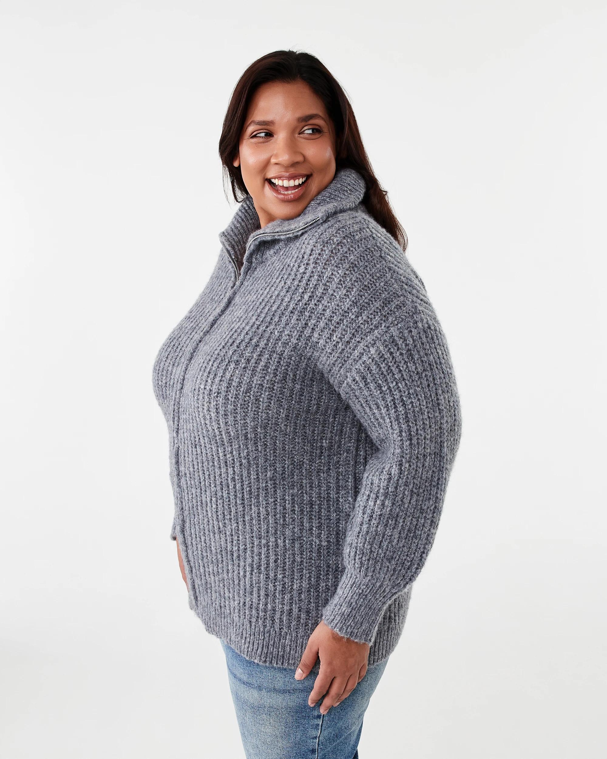 3 Curve Long Sleeve Chunky Knit Zip Through Sweatshirt Gry Chmrle, 3 of 7