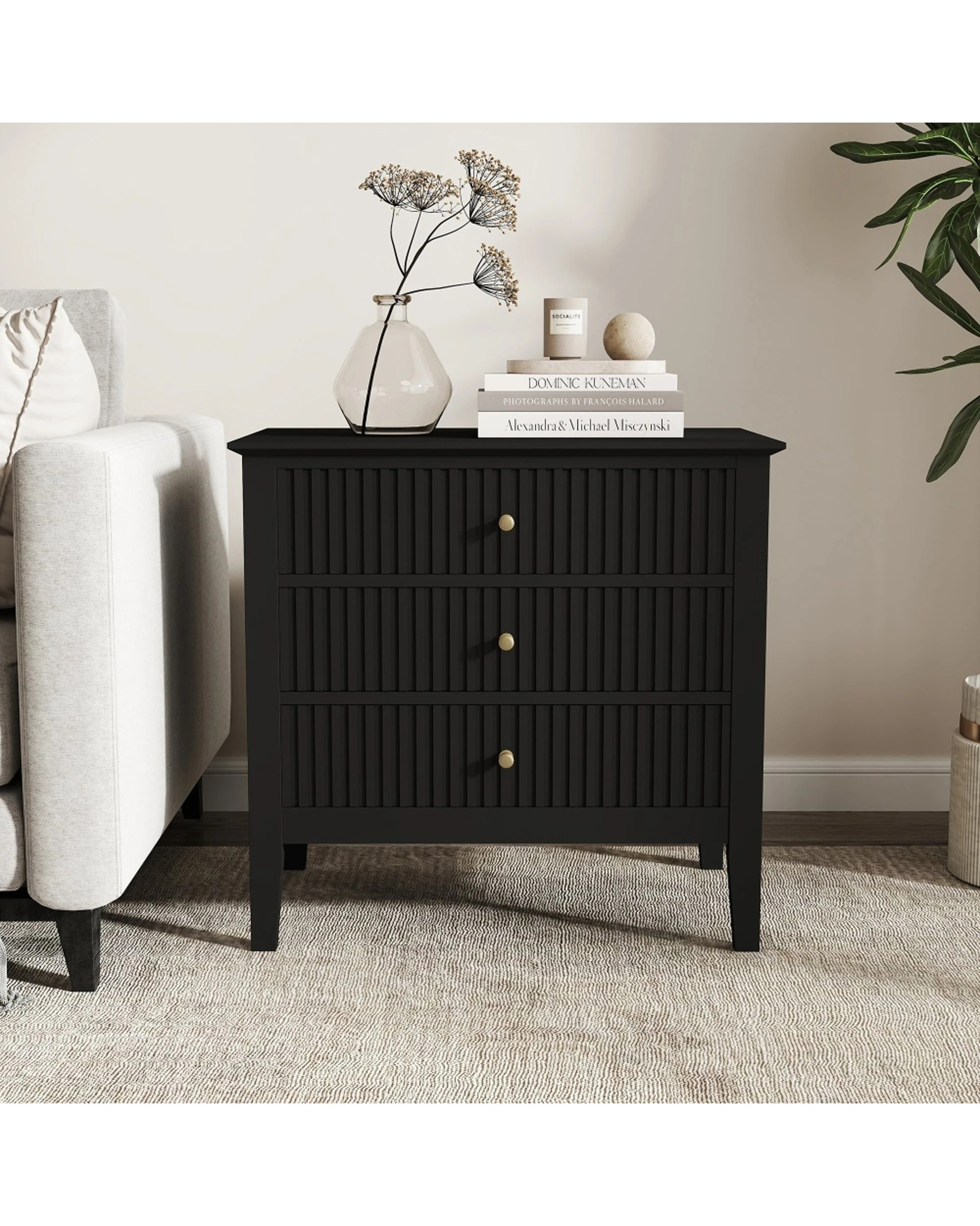 3 Alpine Bay Zara Fluted WIDE Bedside Table 3 Drawer W65cm - Black, 3 of 7