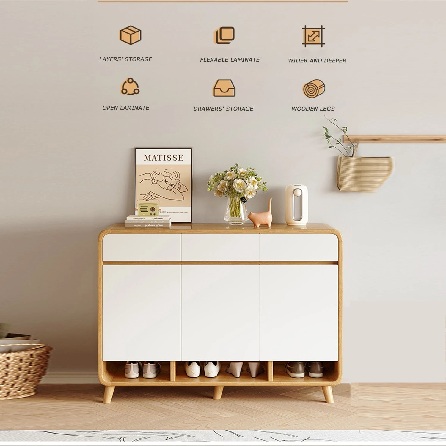 2 Foret Shoe Cabinet Shelf Modern Large Storage Cupboard 2 Drawers 100cm White, 2 of 10