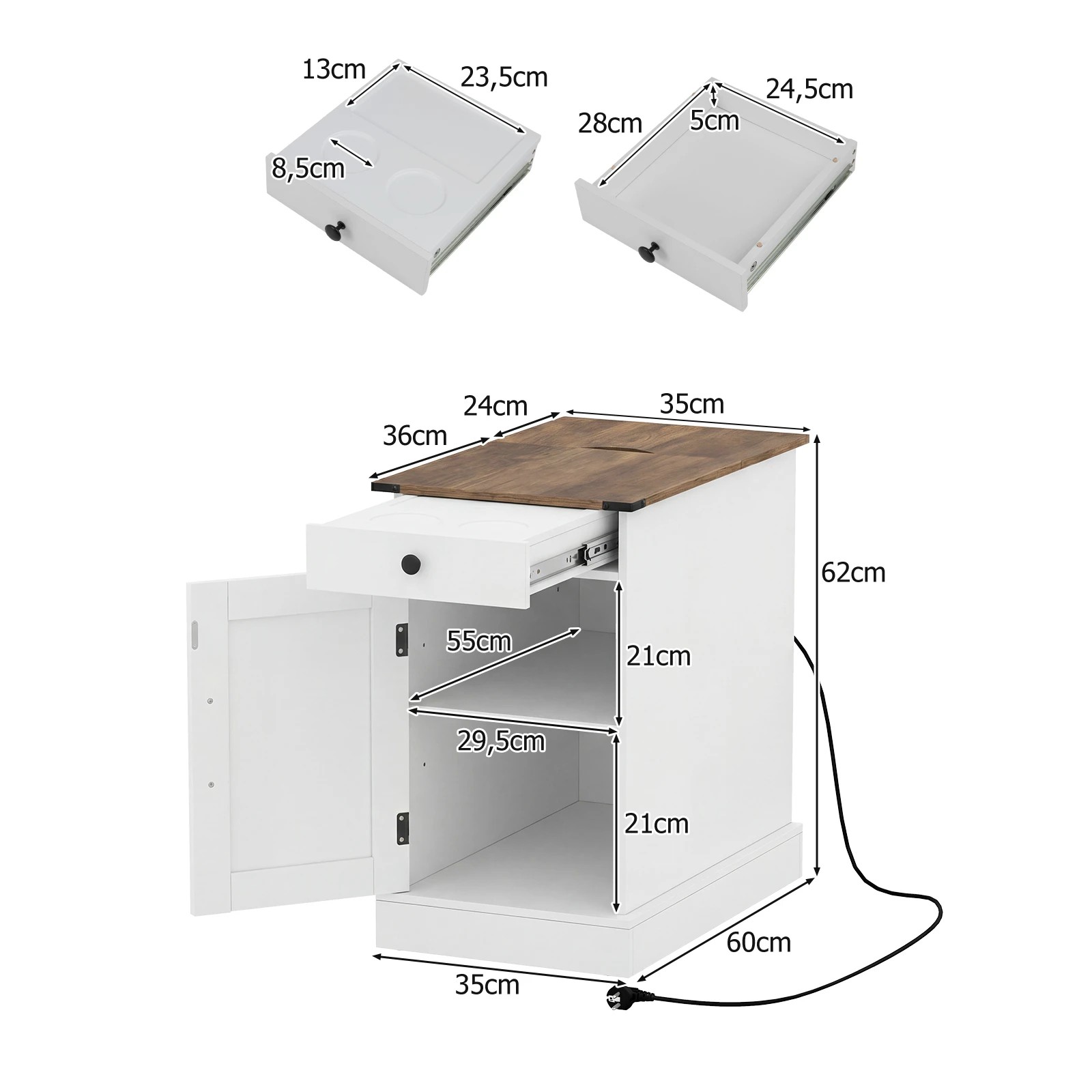 2 Costway Bedside Table w/Power Outlets Sofa Side Table - White, 2 of 7
