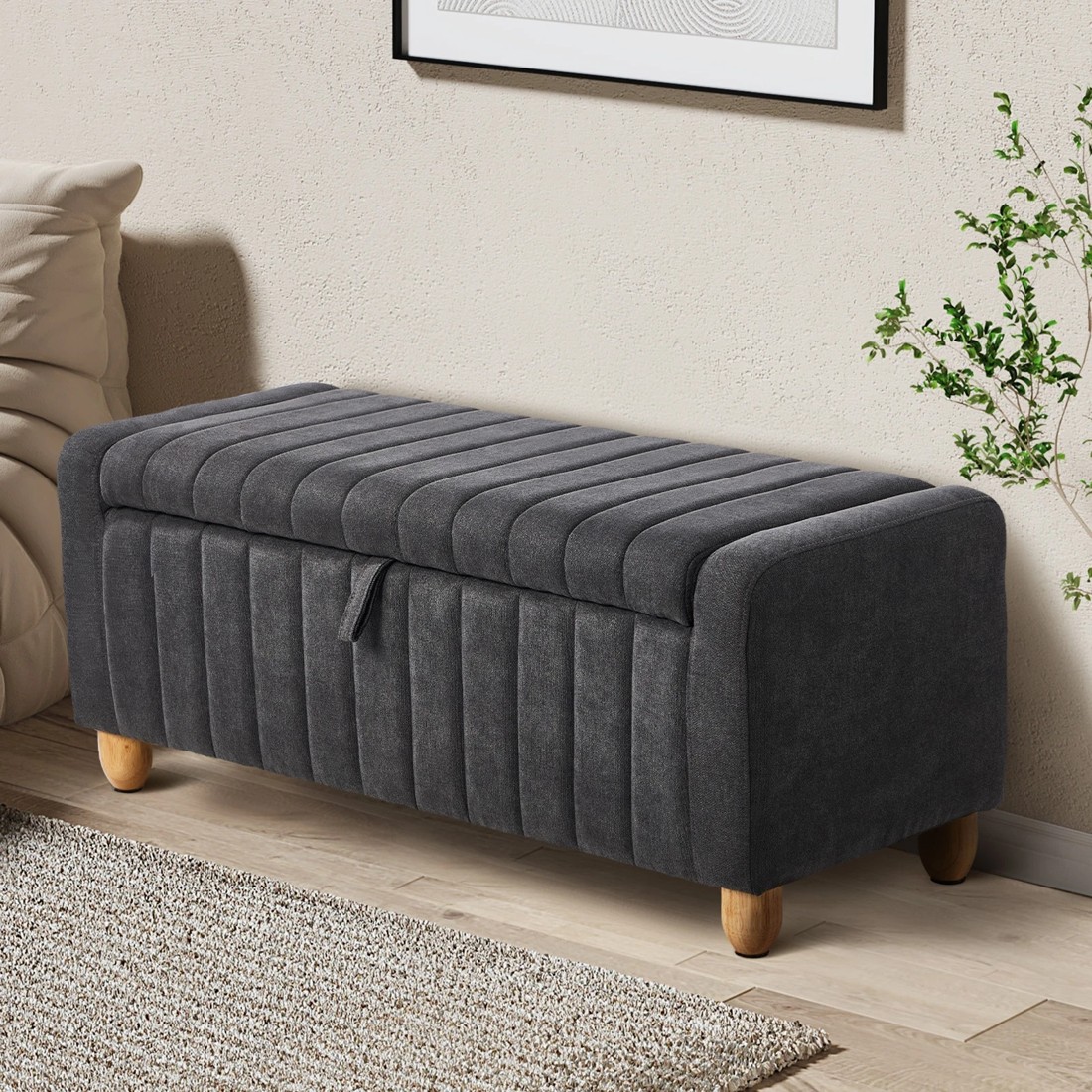 3 Oikiture Storage Ottoman Couch Stripe Linen - Grey, 3 of 10