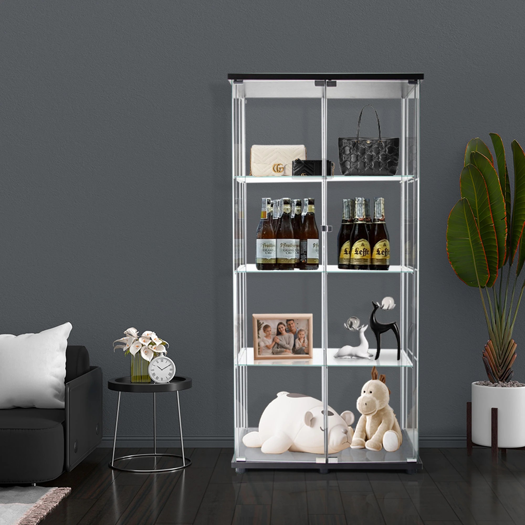 7 Stacked 164cm Glass Display Cabinet Collections Storage 4 Tier Shelves 2 Doors, 7 of 7