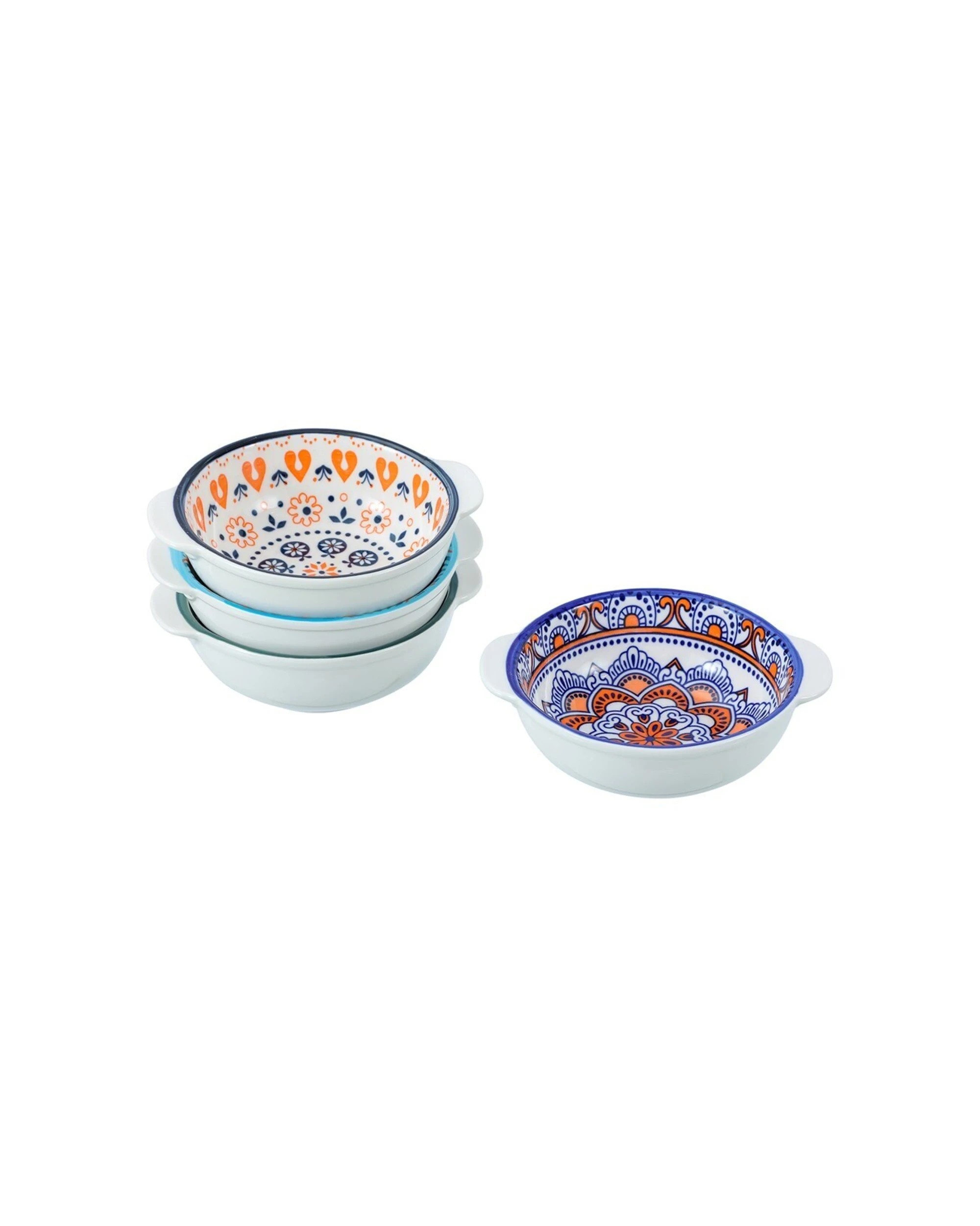 4 Lemon & Lime 4PK Moroccan Deco 16x13.5cm Ceramic Handled Bowl Dishwasher - Multi, 4 of 4